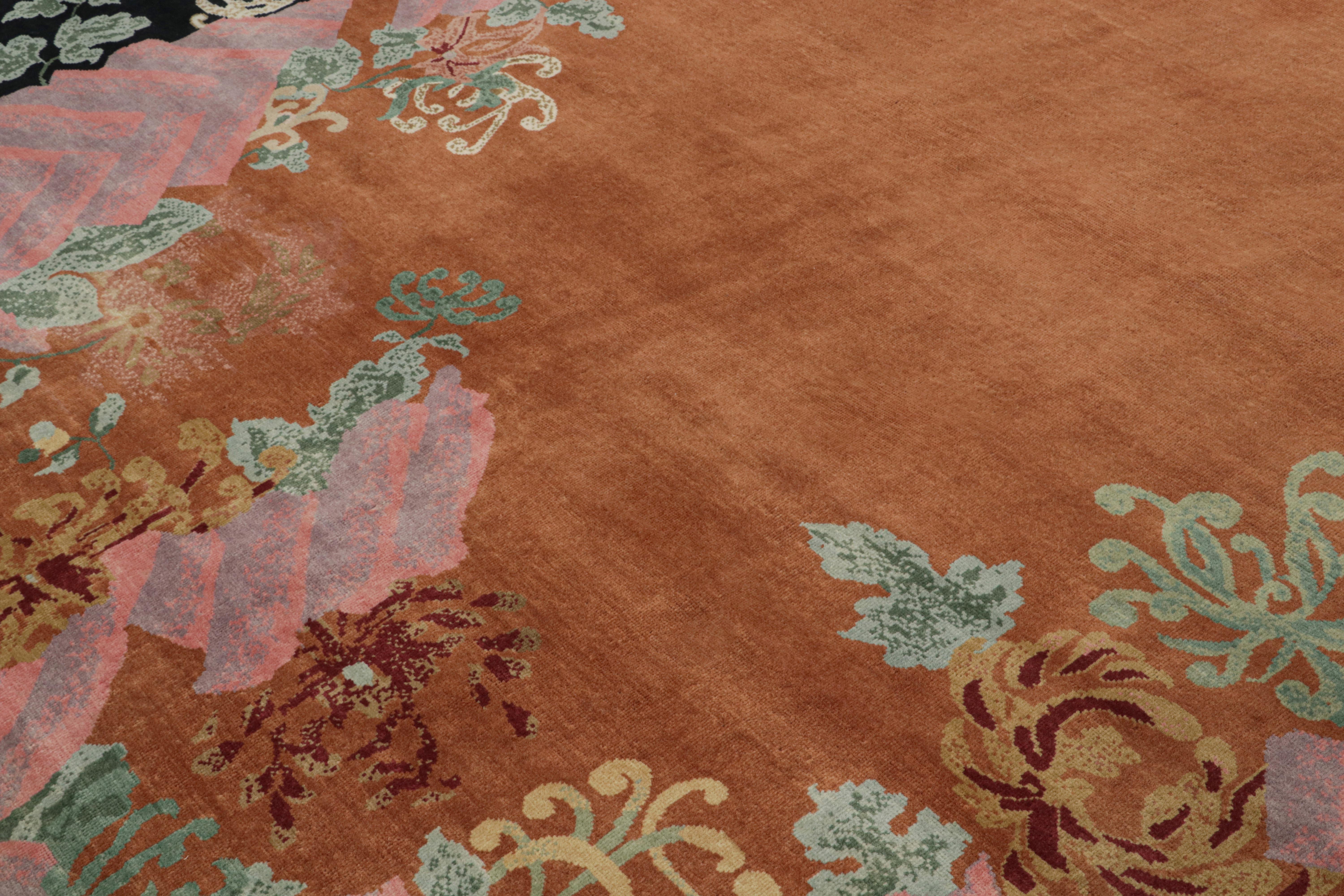Rug & Kilim’s Chinese Art Deco Style Rug in Burnt Orange with Floral Patterns In New Condition For Sale In Long Island City, NY