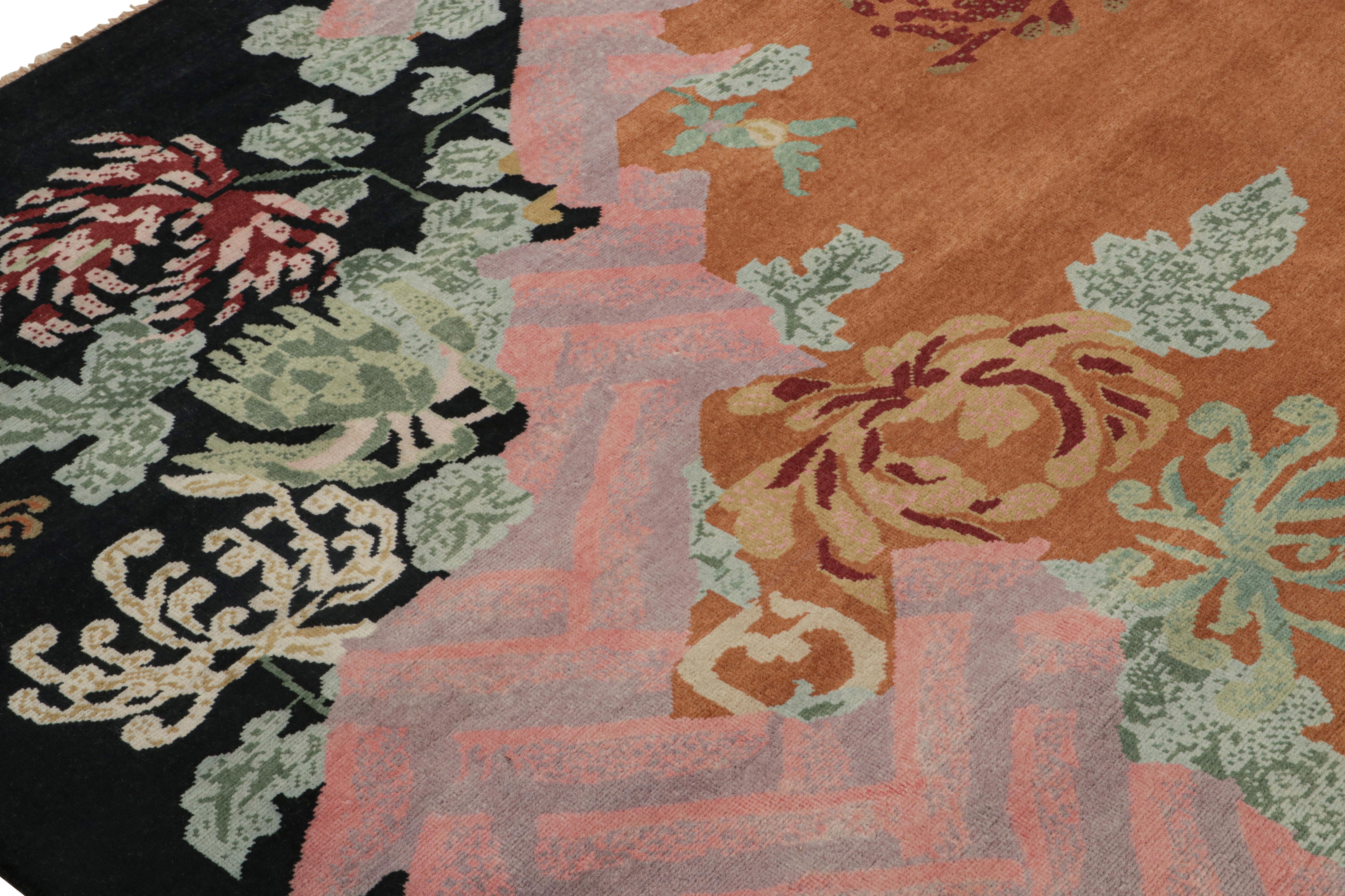 Contemporary Rug & Kilim’s Chinese Art Deco Style Rug in Burnt Orange with Floral Patterns For Sale