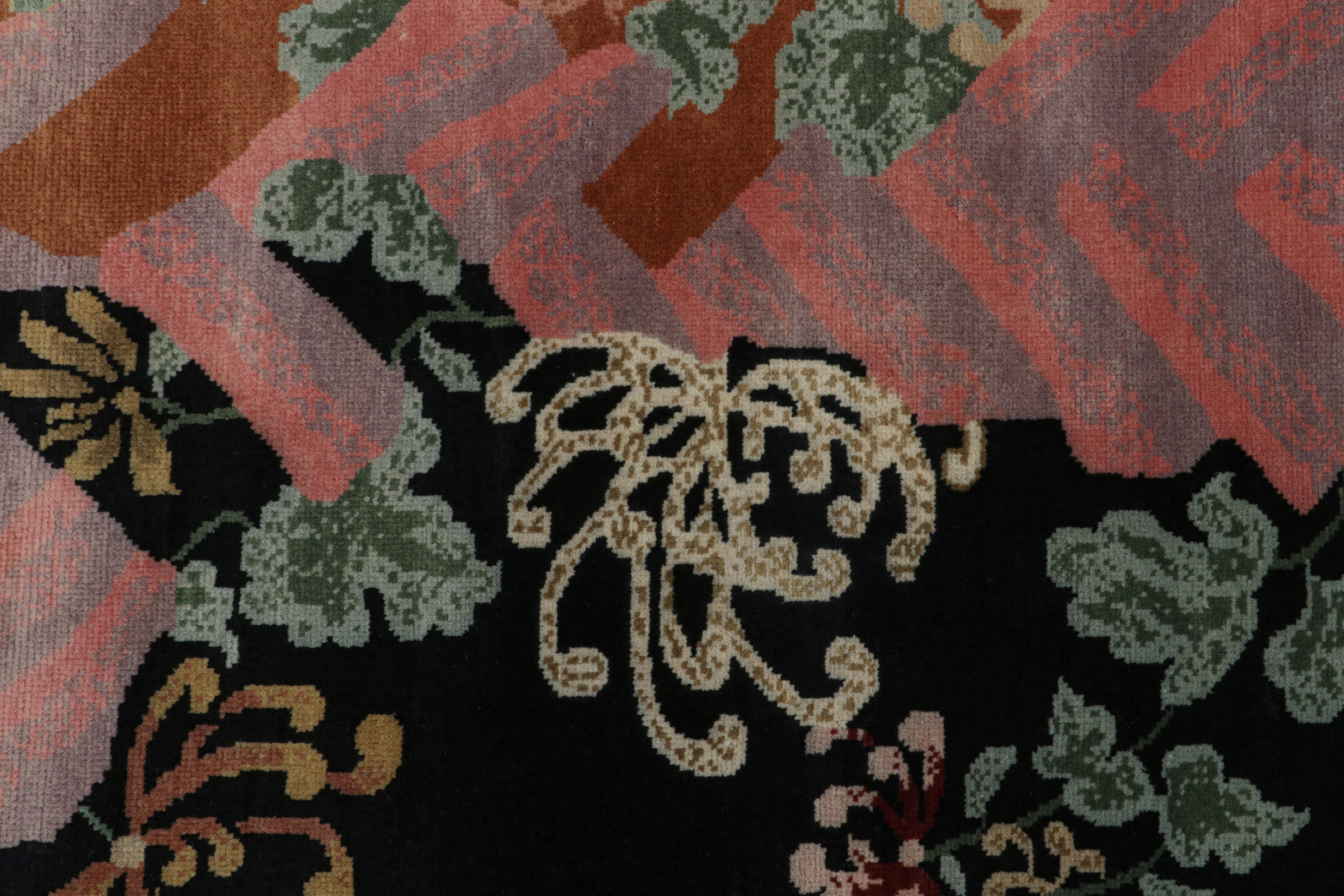 Wool Rug & Kilim’s Chinese Art Deco Style Rug in Burnt Orange with Floral Patterns For Sale