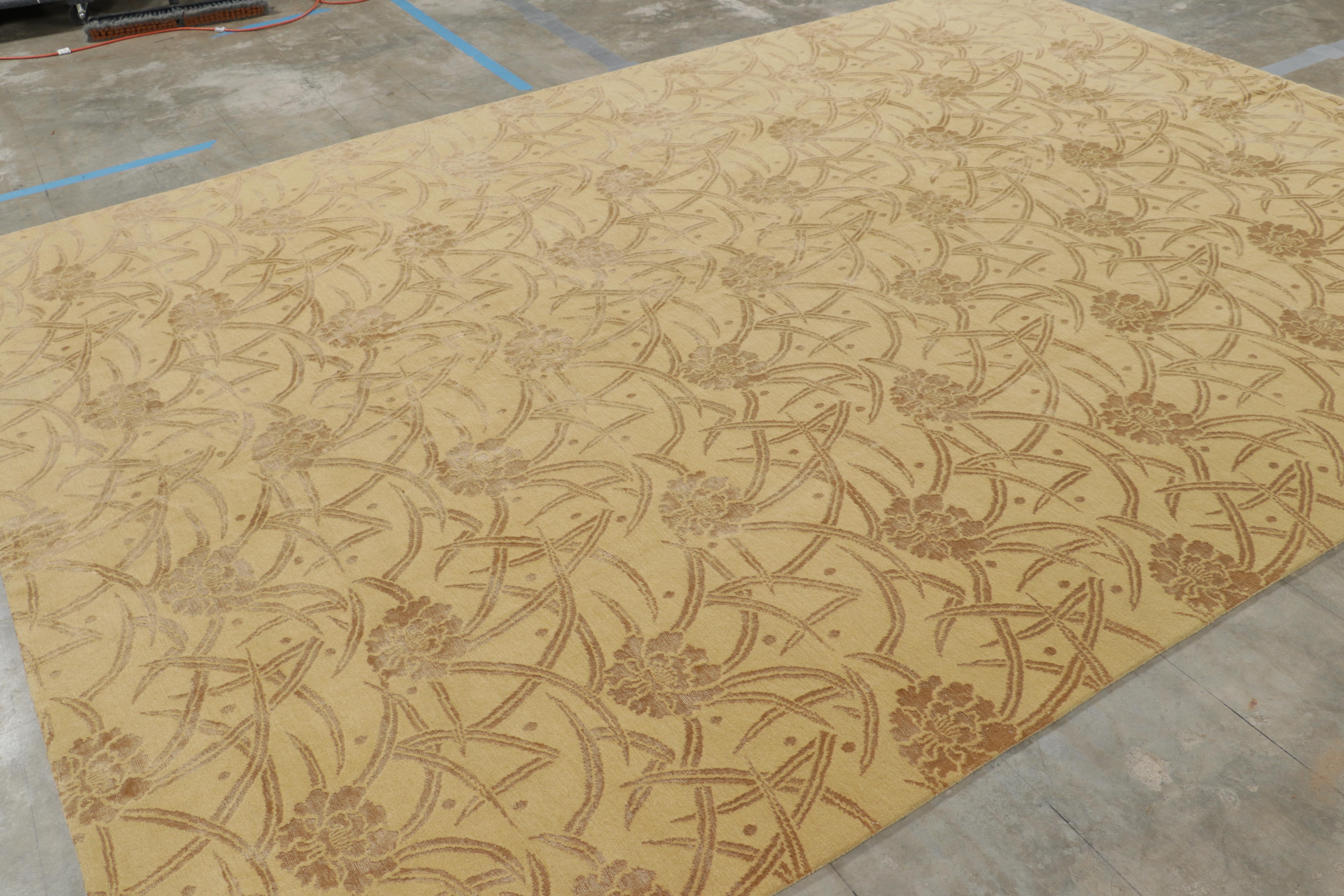 Indian Rug & Kilim’s Chinese Art Deco Style Rug in Gold and Brown Floral Patterns For Sale