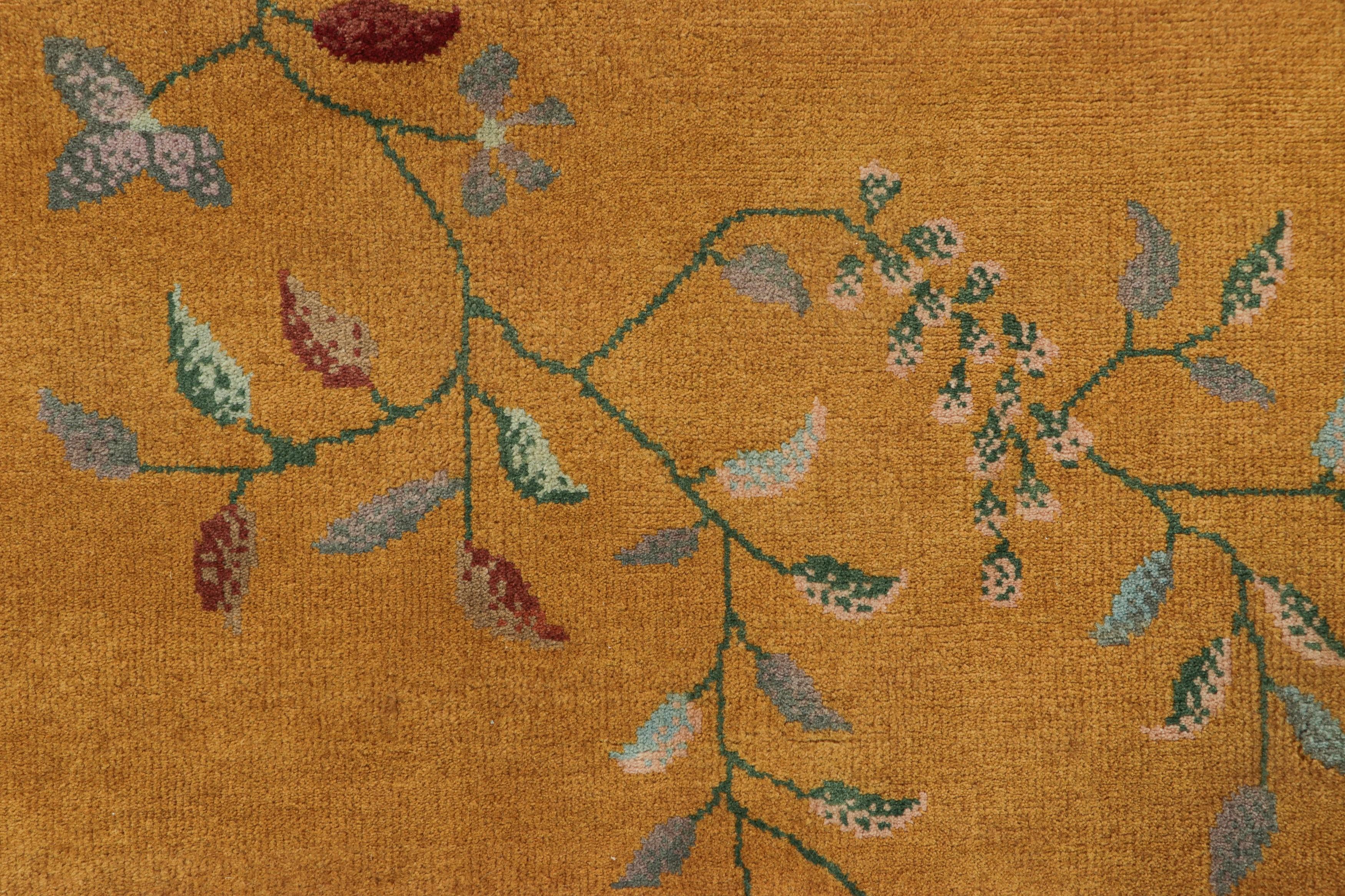 Indian Rug & Kilim’s Chinese Art Deco Style Rug in Gold, Floral Patterns and Pictorials For Sale