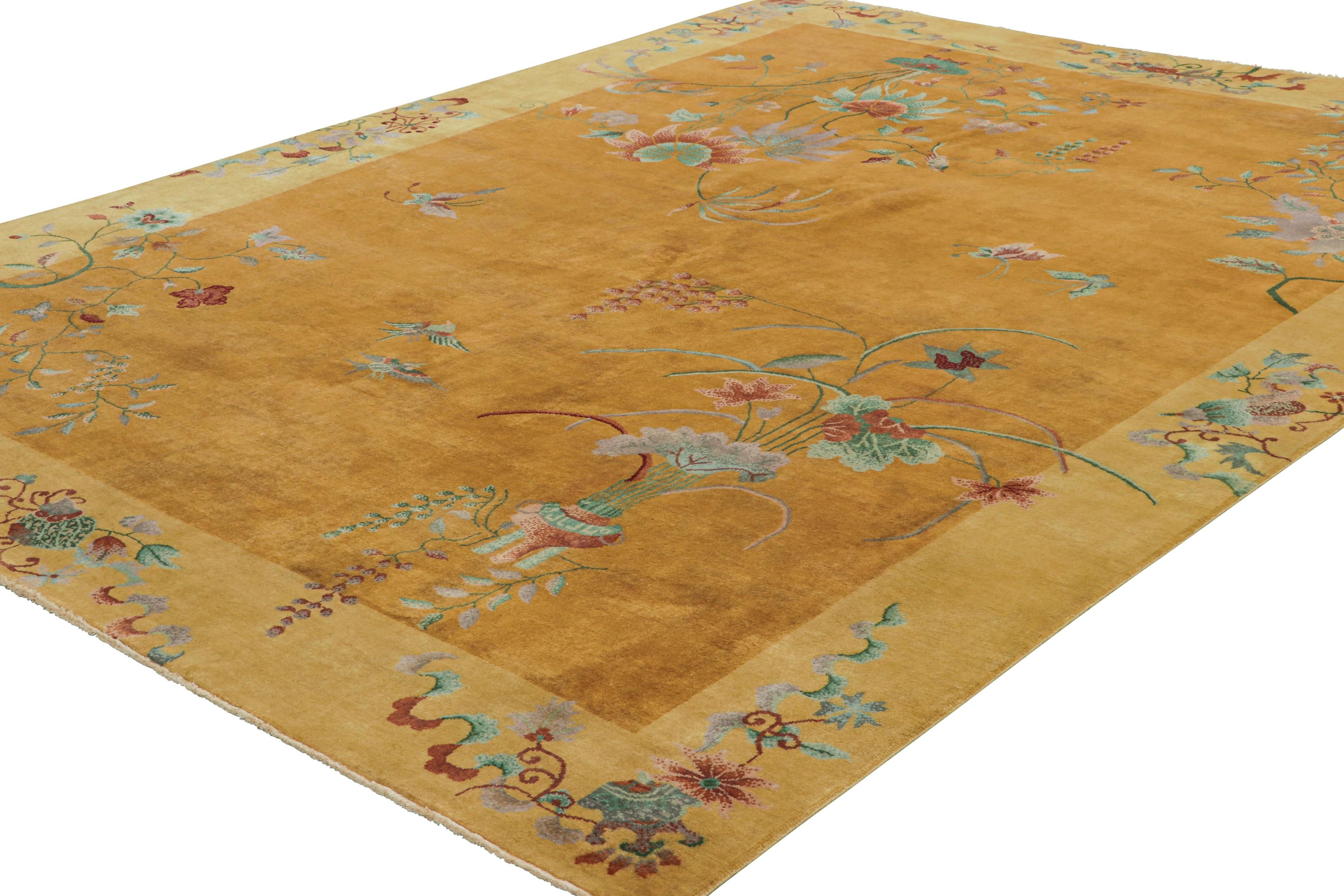 Hand-Knotted Rug & Kilim’s Chinese Art Deco Style Rug in Gold, Floral Patterns and Pictorials For Sale