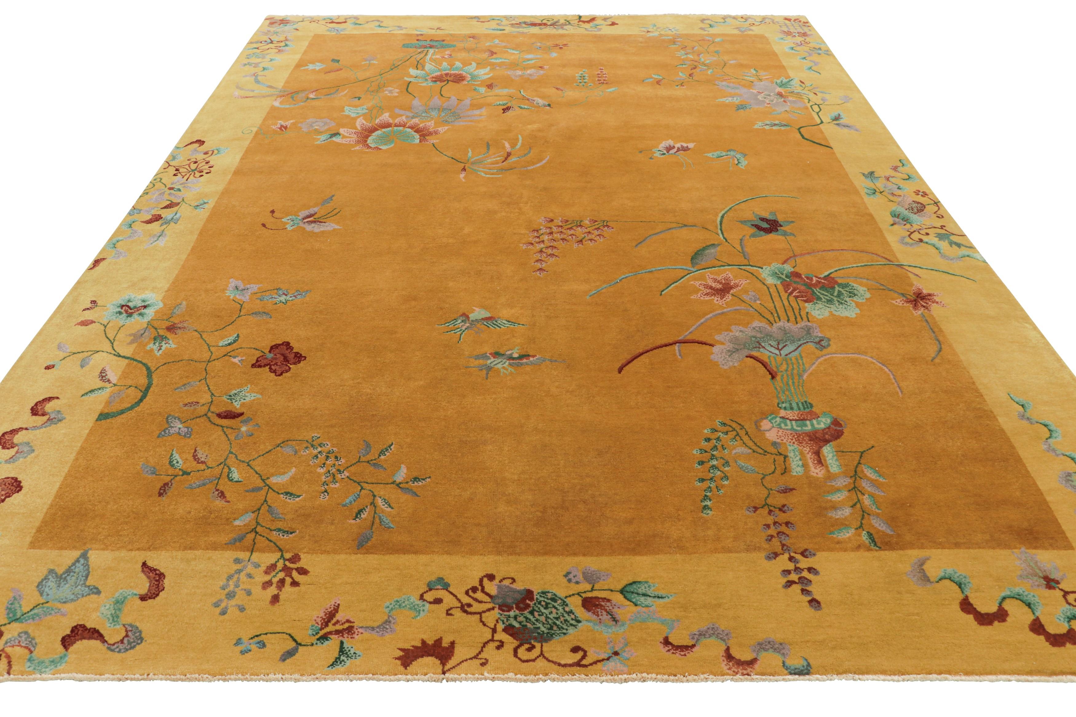 Rug & Kilim’s Chinese Art Deco Style Rug in Gold, Floral Patterns and Pictorials In New Condition For Sale In Long Island City, NY