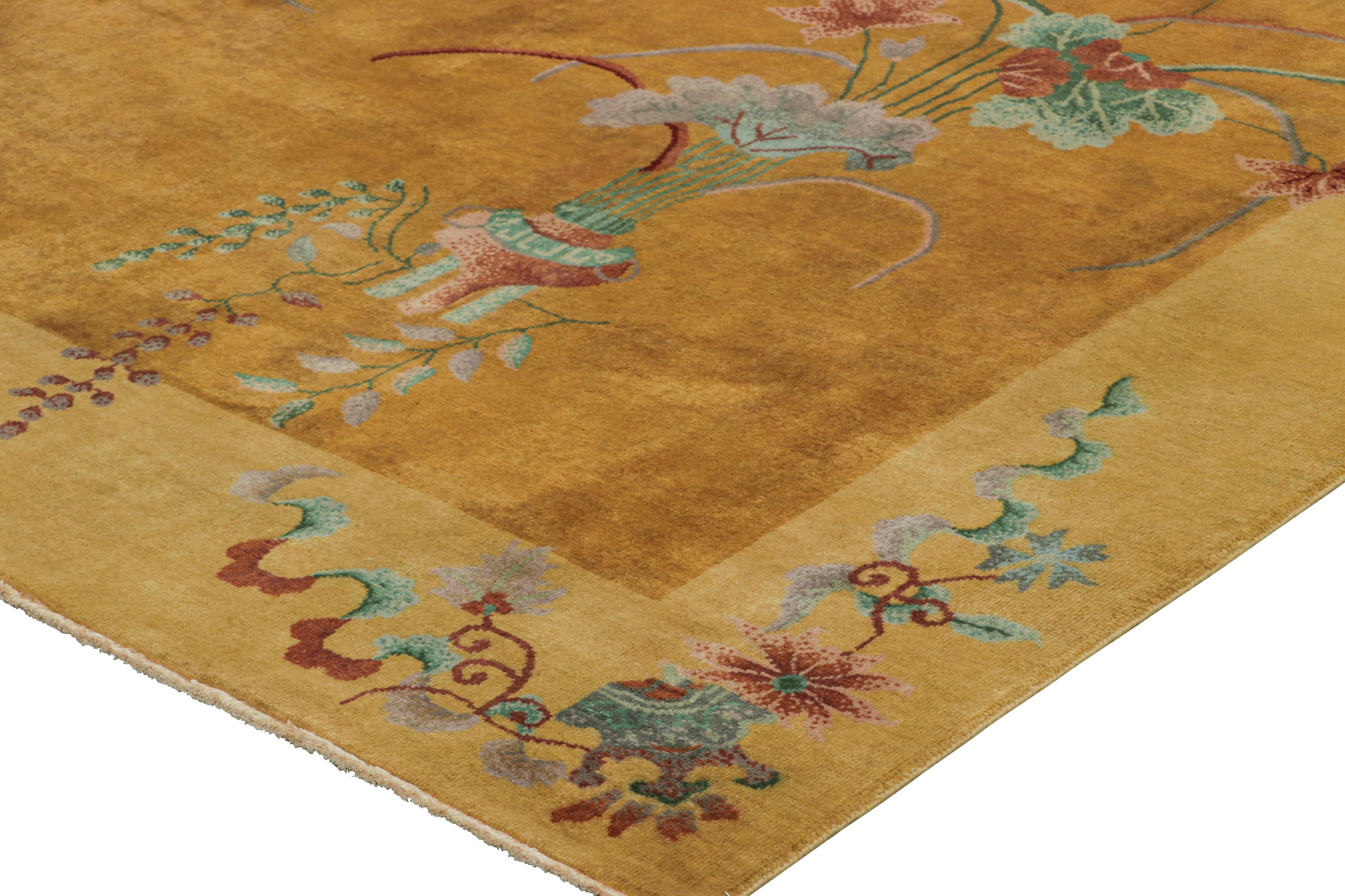 Contemporary Rug & Kilim’s Chinese Art Deco Style Rug in Gold, Floral Patterns and Pictorials For Sale