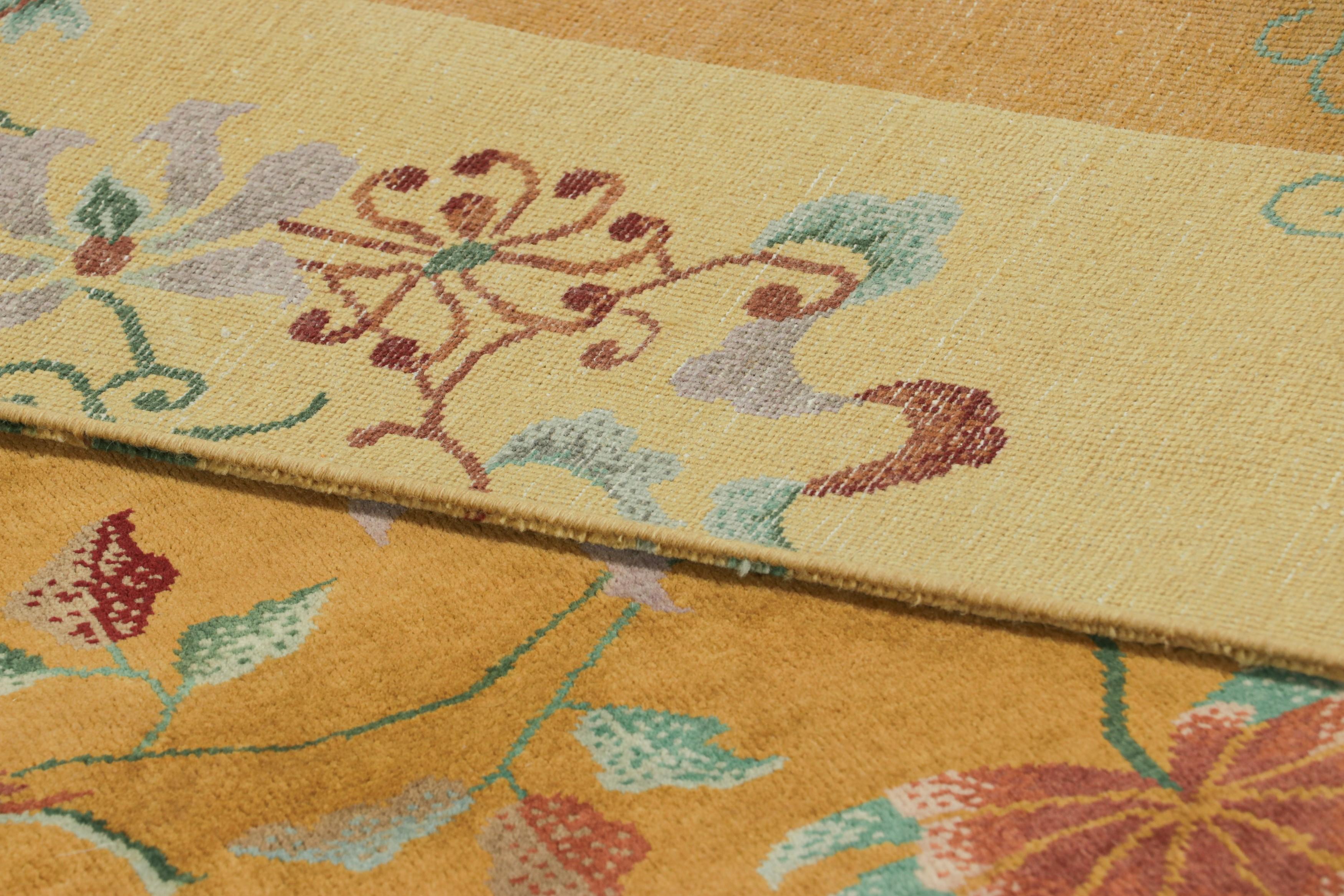 Wool Rug & Kilim’s Chinese Art Deco Style Rug in Gold, Floral Patterns and Pictorials For Sale