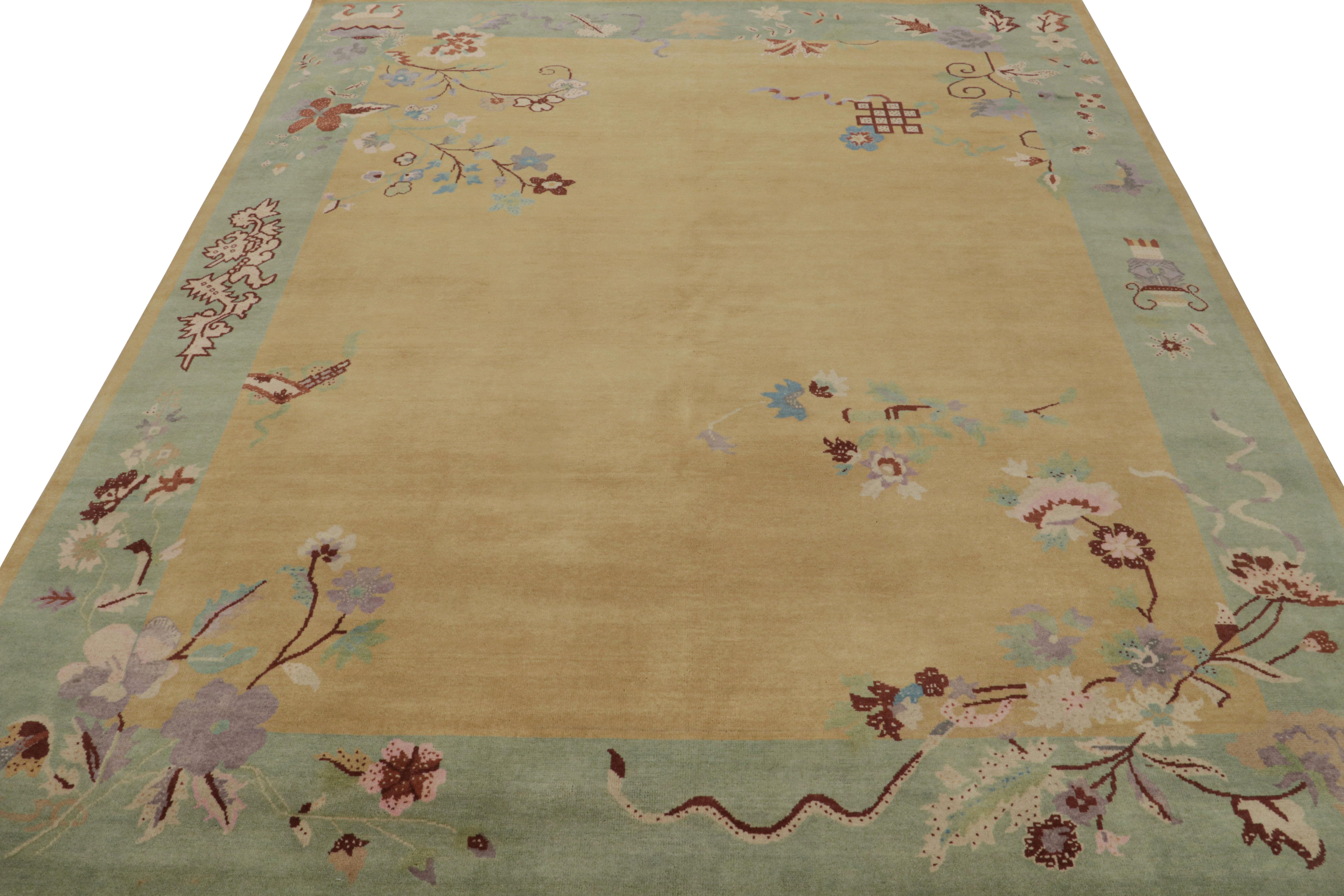 Indian Rug & Kilim’s Chinese Art Deco Style Rug in Gold-Green Floral Pattern For Sale