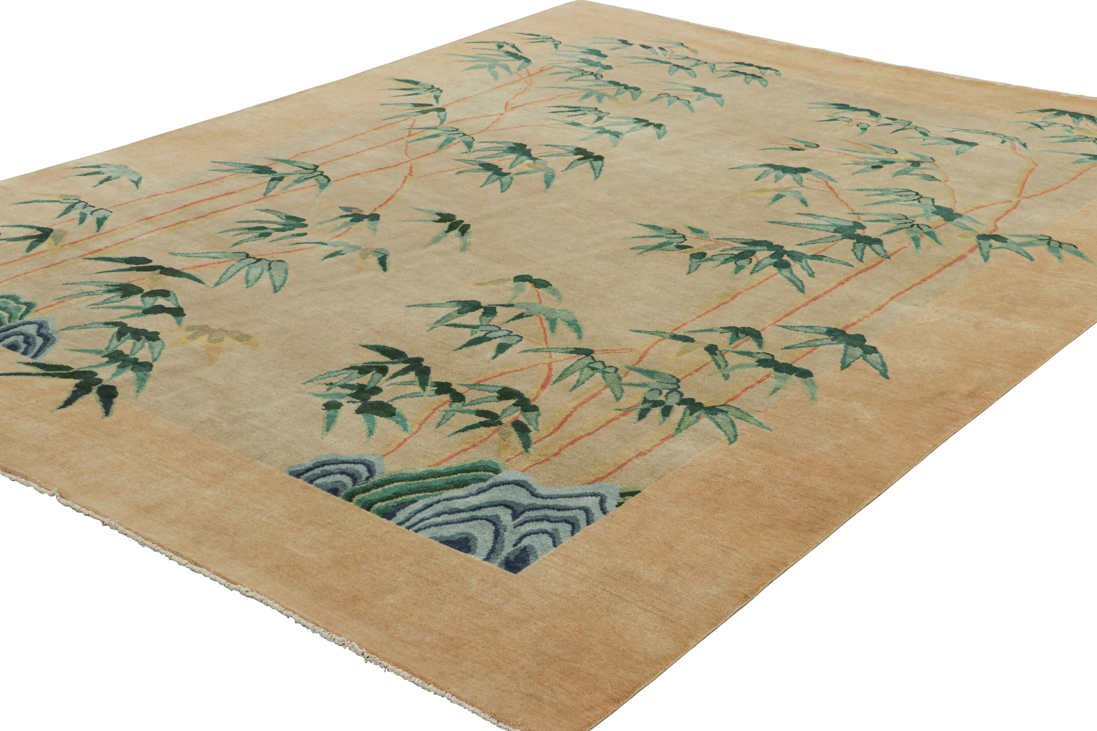 Rug & Kilims chinesischer Teppich im Art-Déco-Stil in Gold mit floralen Bambusmustern (Indisch) im Angebot
