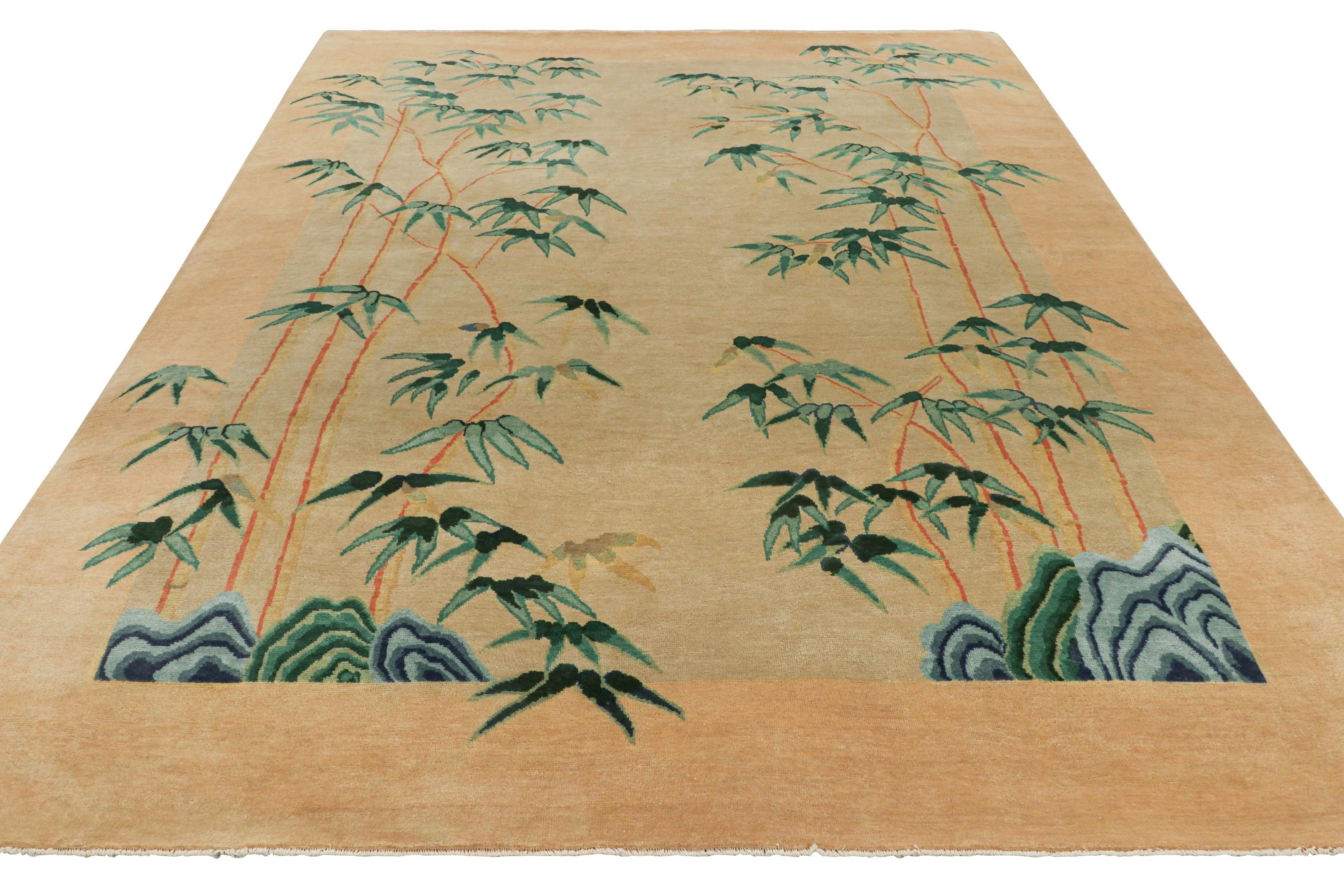Rug & Kilims chinesischer Teppich im Art-Déco-Stil in Gold mit floralen Bambusmustern (Handgeknüpft) im Angebot