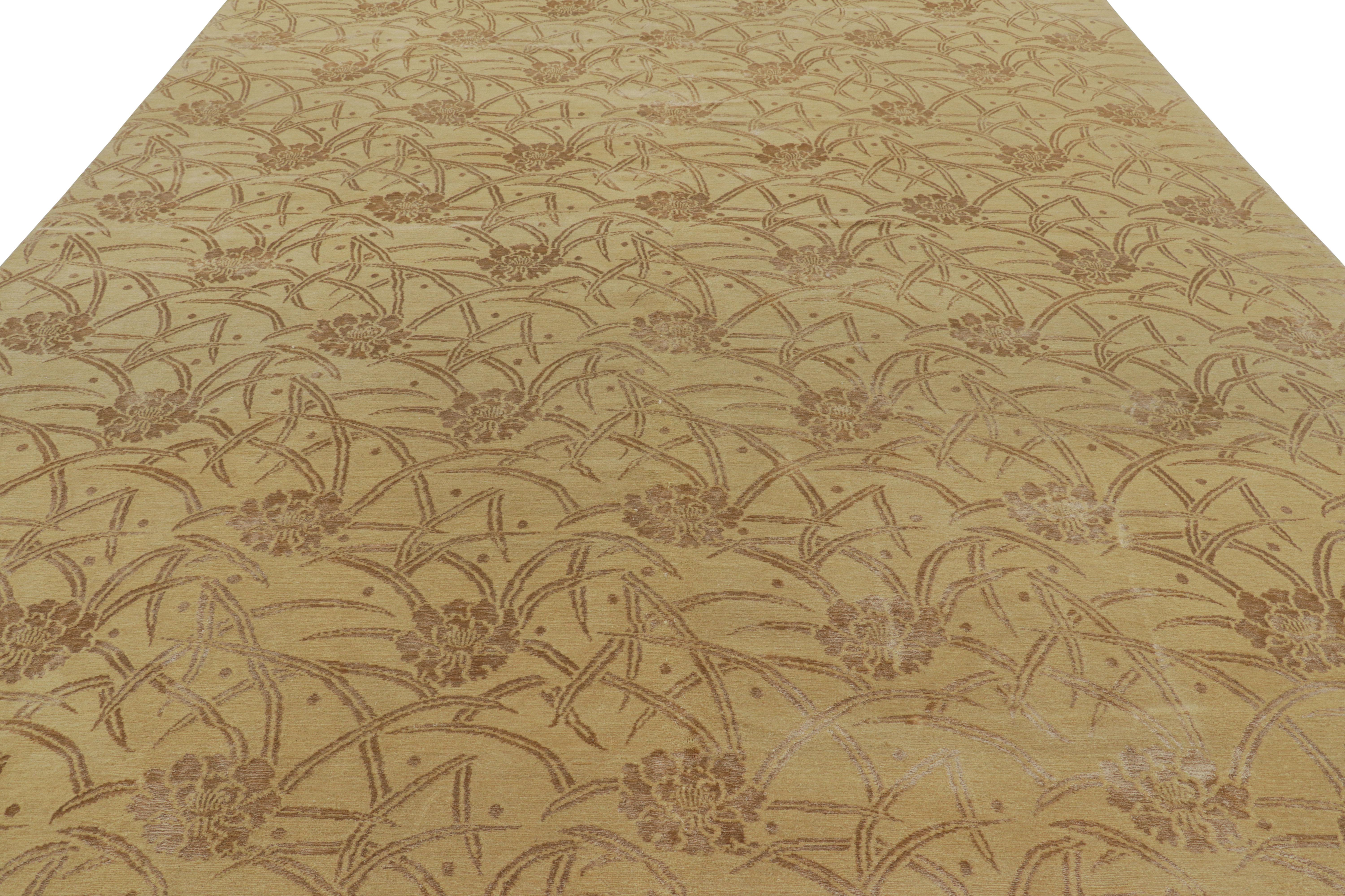 Indiano Rug & Kilim - Tappeto cinese in stile Art Deco in oro con motivo floreale beige-marrone in vendita