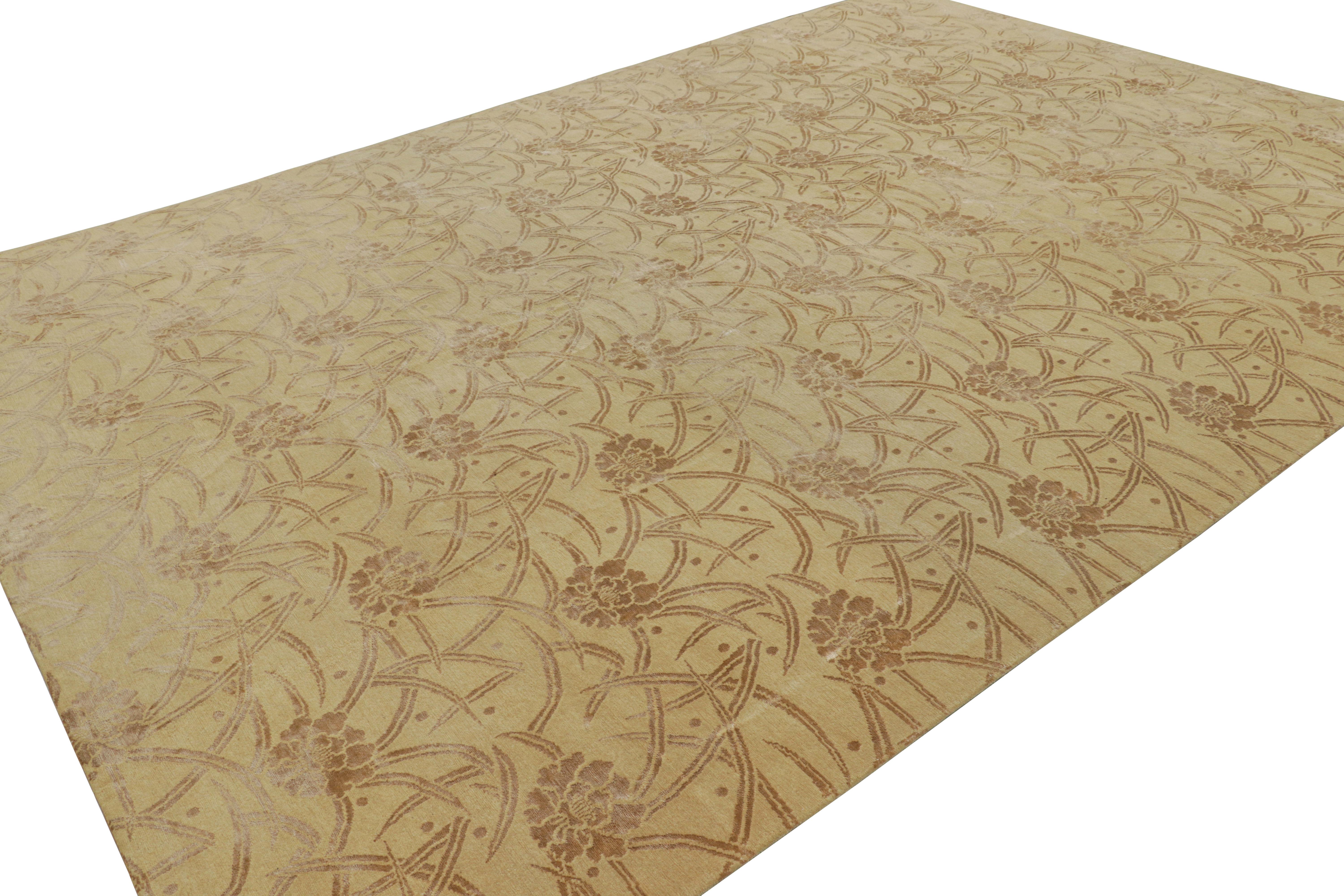 Annodato a mano Rug & Kilim - Tappeto cinese in stile Art Deco in oro con motivo floreale beige-marrone in vendita