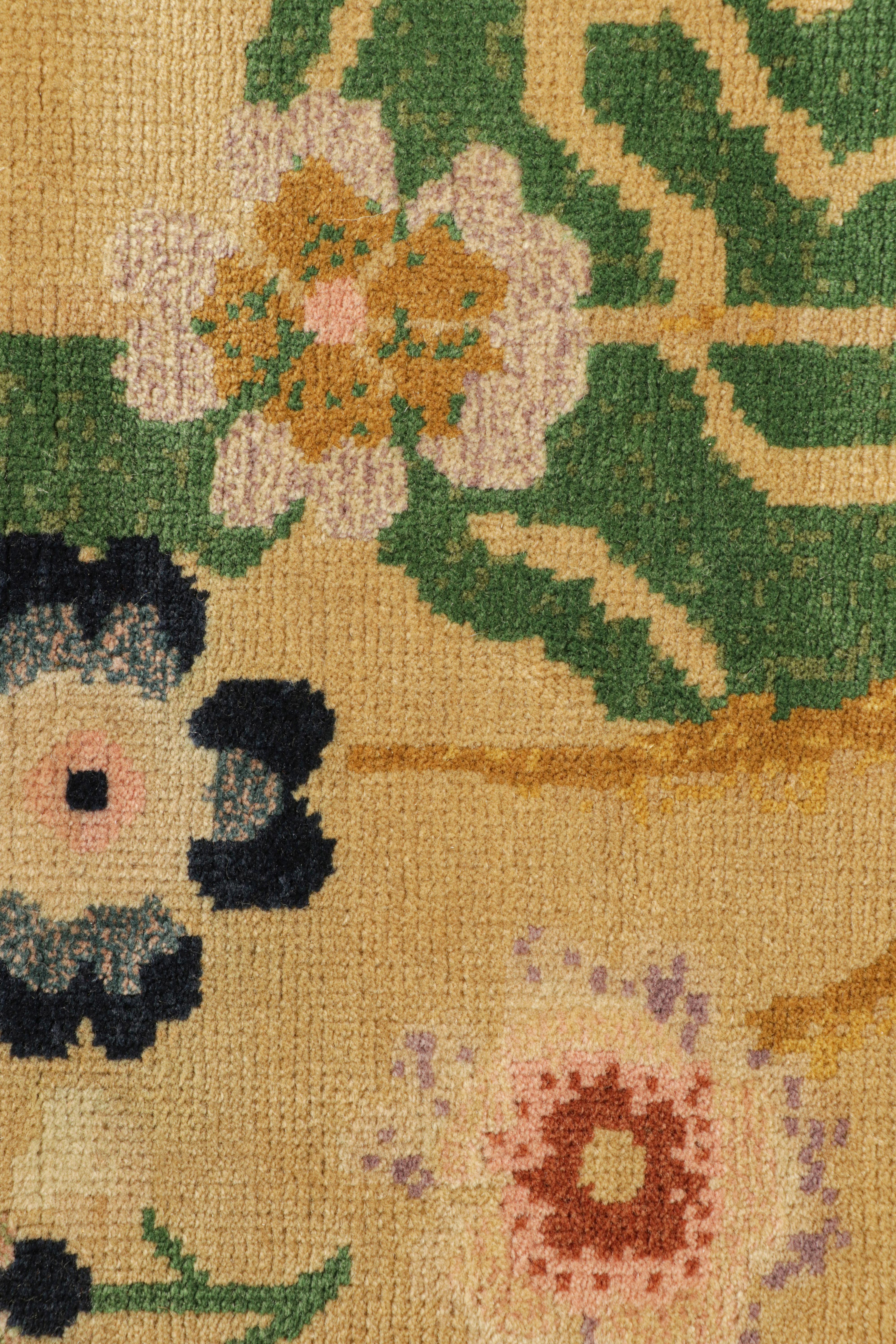 Indian Rug & Kilim’s Chinese Art Deco Style Rug in Gold with Colorful Floral Patterns For Sale