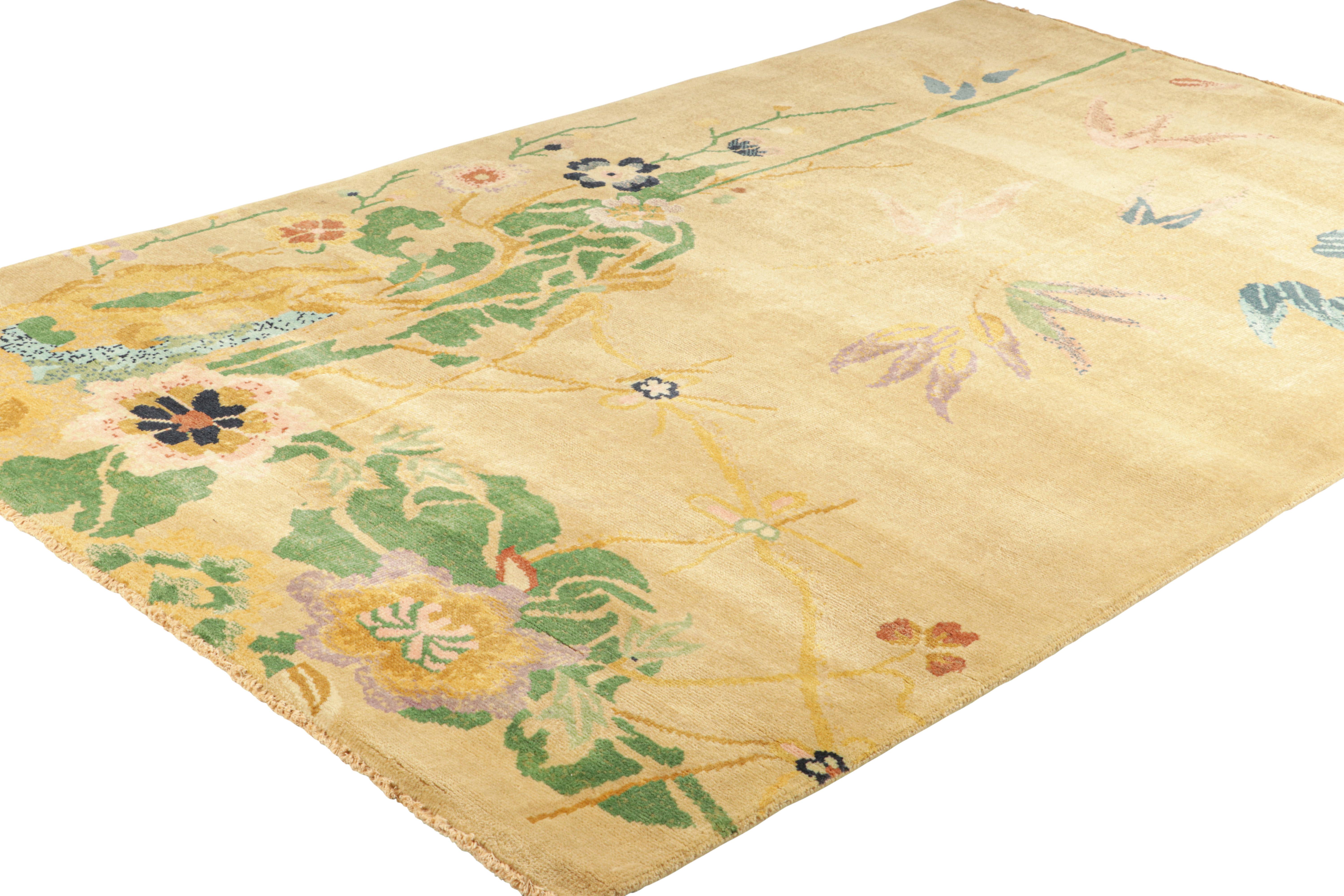 Hand-Knotted Rug & Kilim’s Chinese Art Deco Style Rug in Gold with Colorful Floral Patterns For Sale