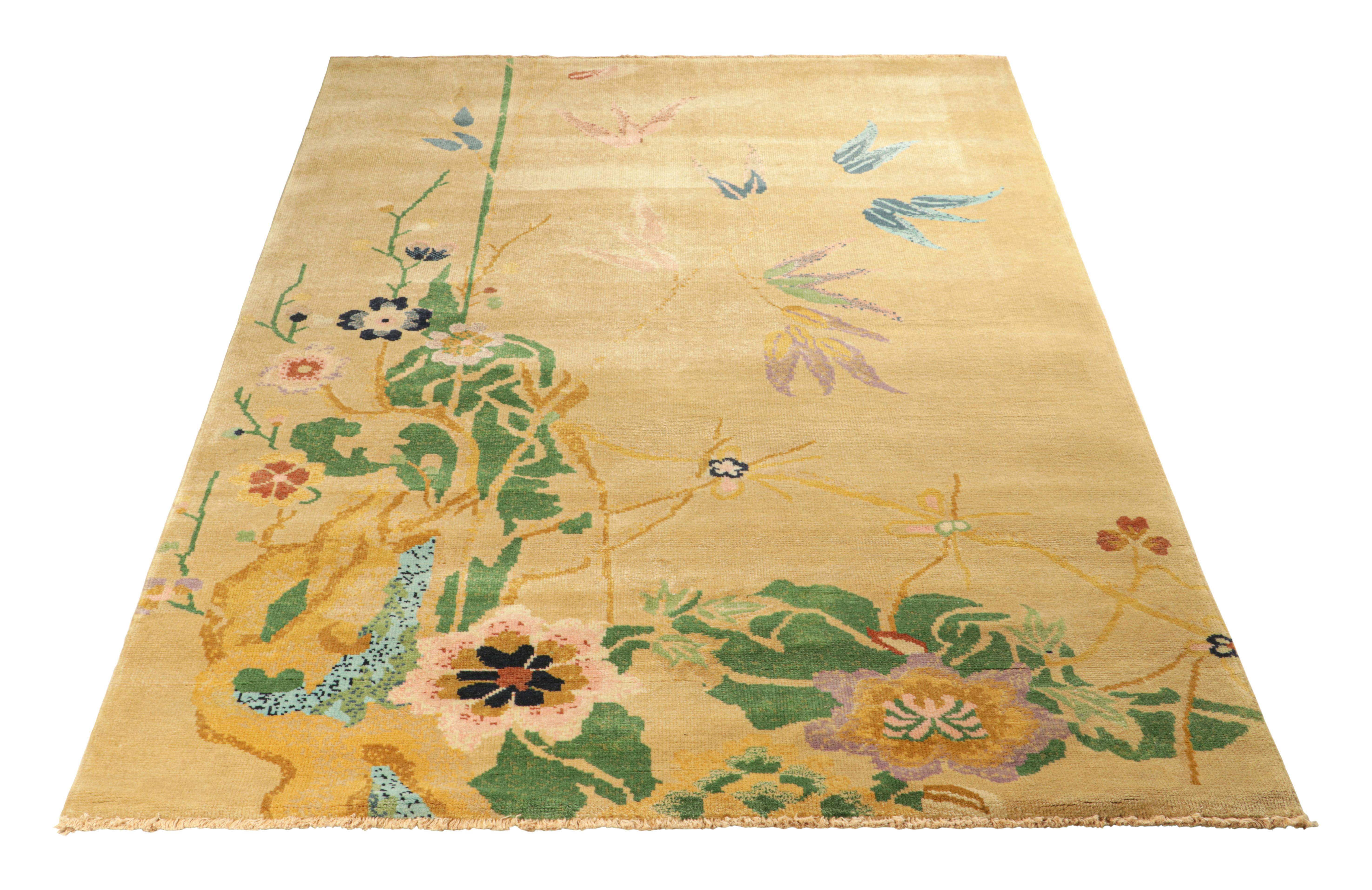 Rug & Kilim’s Chinese Art Deco Style Rug in Gold with Colorful Floral Patterns In New Condition For Sale In Long Island City, NY