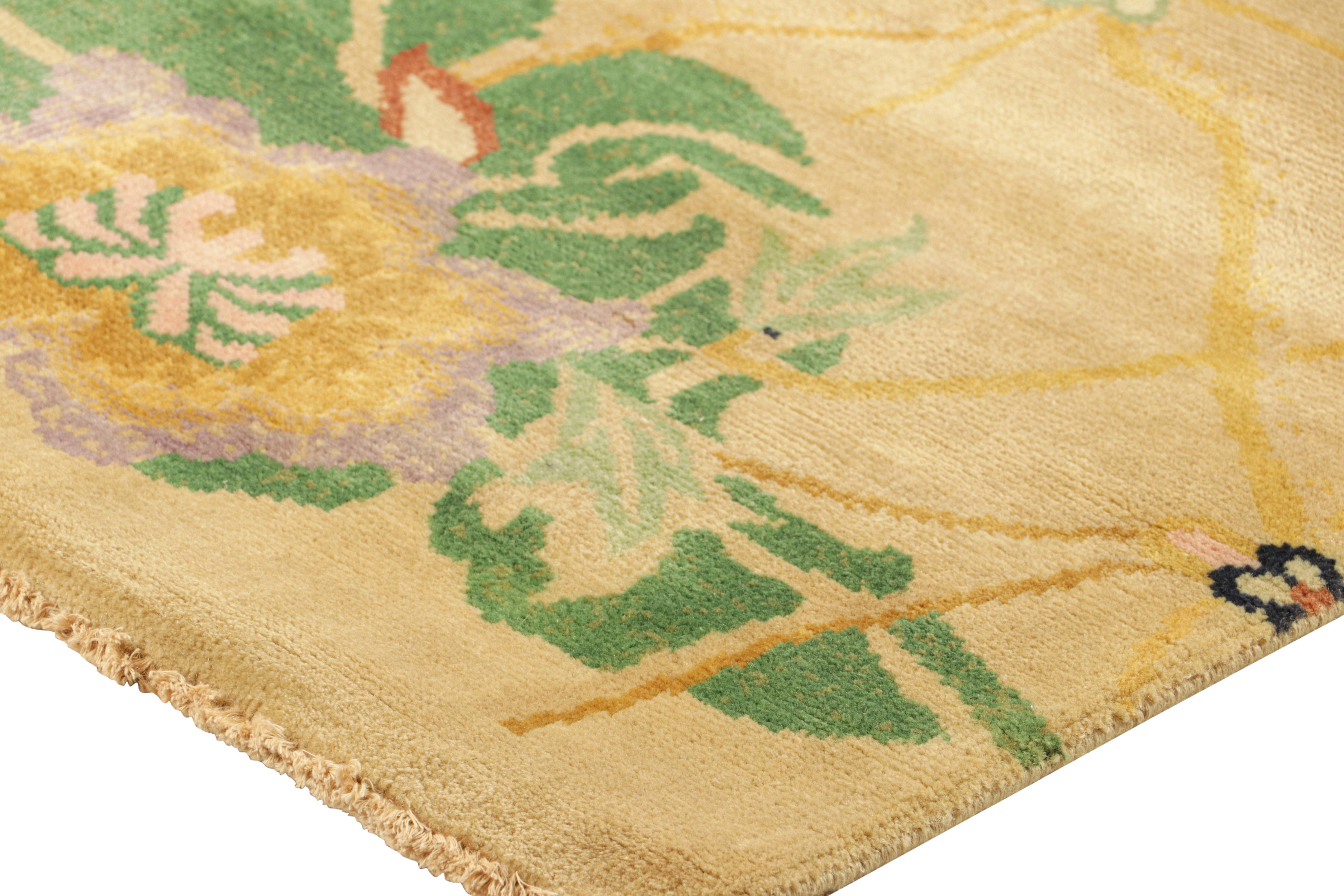 Contemporary Rug & Kilim’s Chinese Art Deco Style Rug in Gold with Colorful Floral Patterns For Sale
