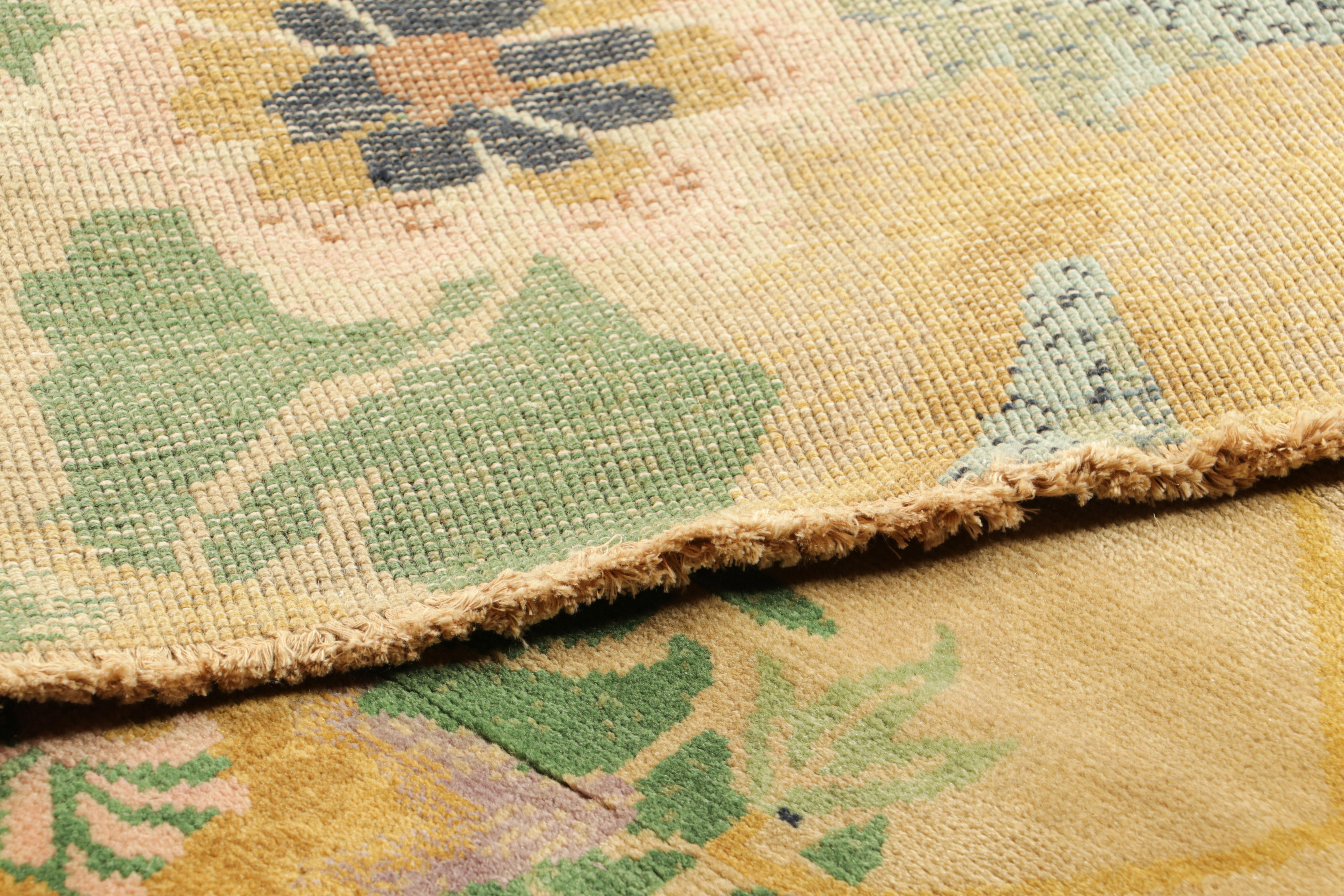 Wool Rug & Kilim’s Chinese Art Deco Style Rug in Gold with Colorful Floral Patterns For Sale