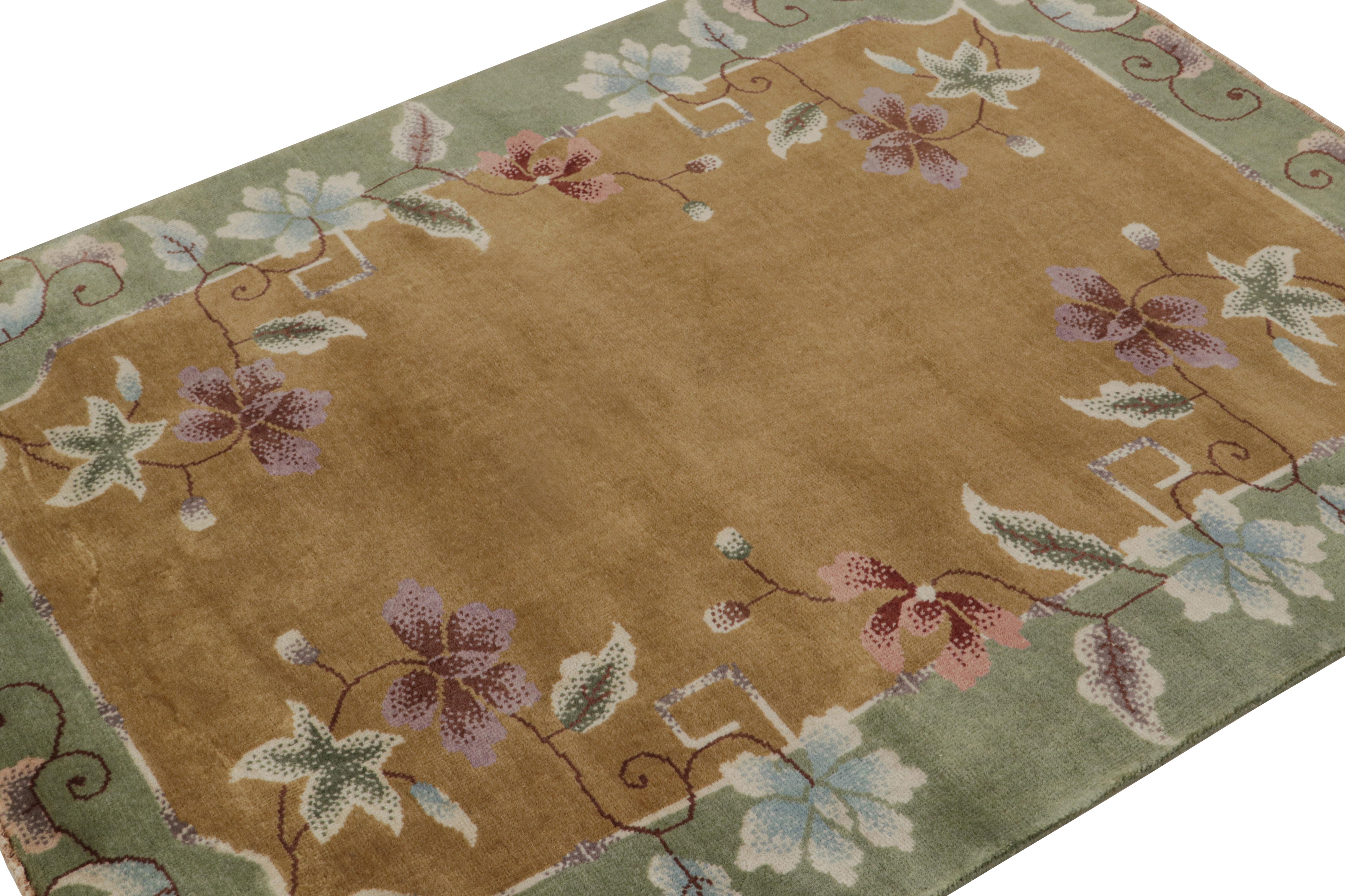 Hand-knotted in wool, this 4×5 rug by Rug & Kilim is a new addition to their Chinese Art Deco rug line.

On the Design:

The rug enjoys a golden-brown open field with green borders marrying floral patterns in light blue and pink tones. Admirers of