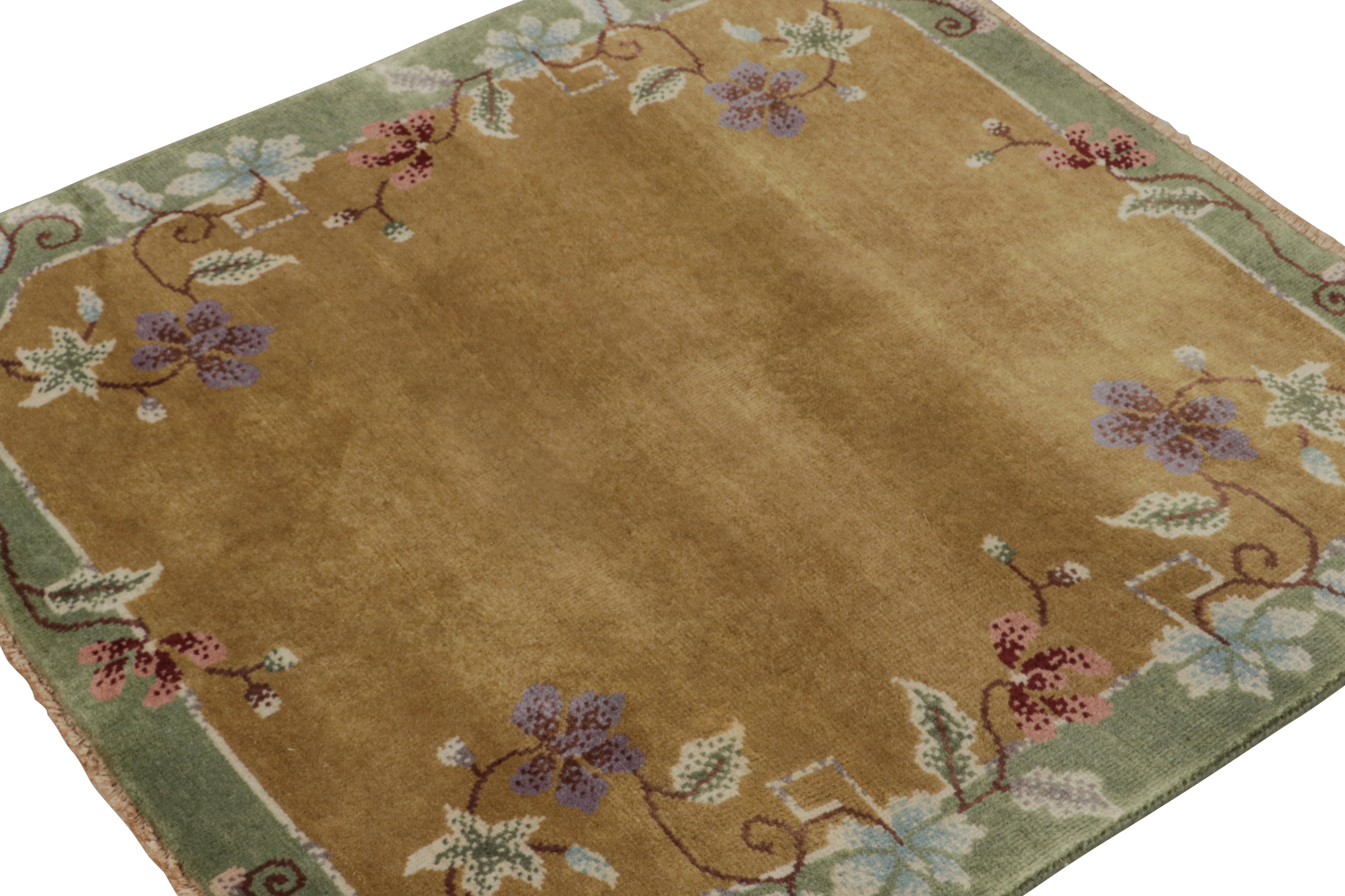 Hand-knotted in wool and cotton, this 3x3 scatter rug by Rug & Kilim is a new addition to their Chinese Art Deco rug line.

On the Design: 

The square rug enjoys a golden-brown open field with green borders marrying floral patterns in light blue