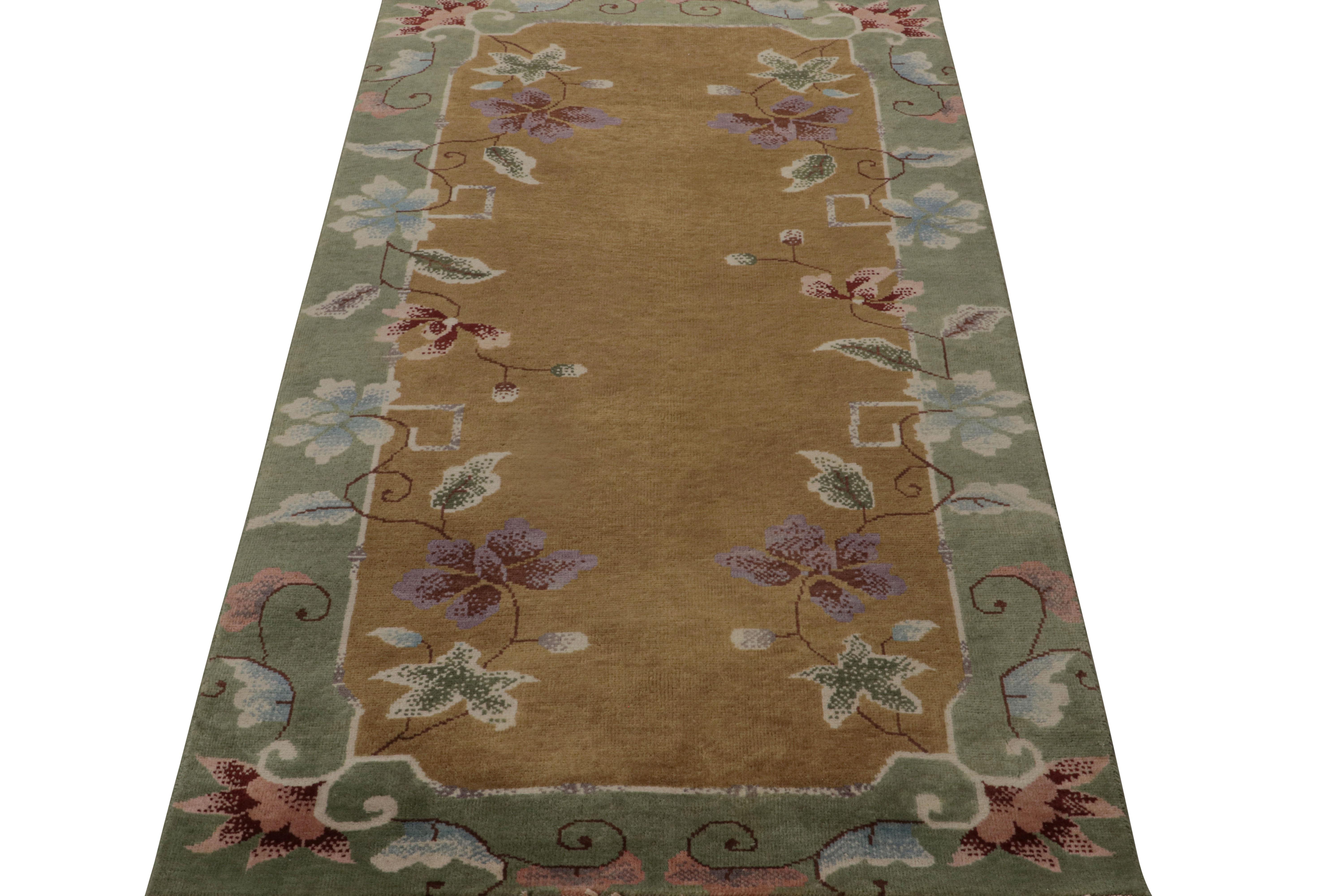 Indian Rug & Kilim’s Chinese Art Deco Style Rug in Gold with Floral Pattern For Sale