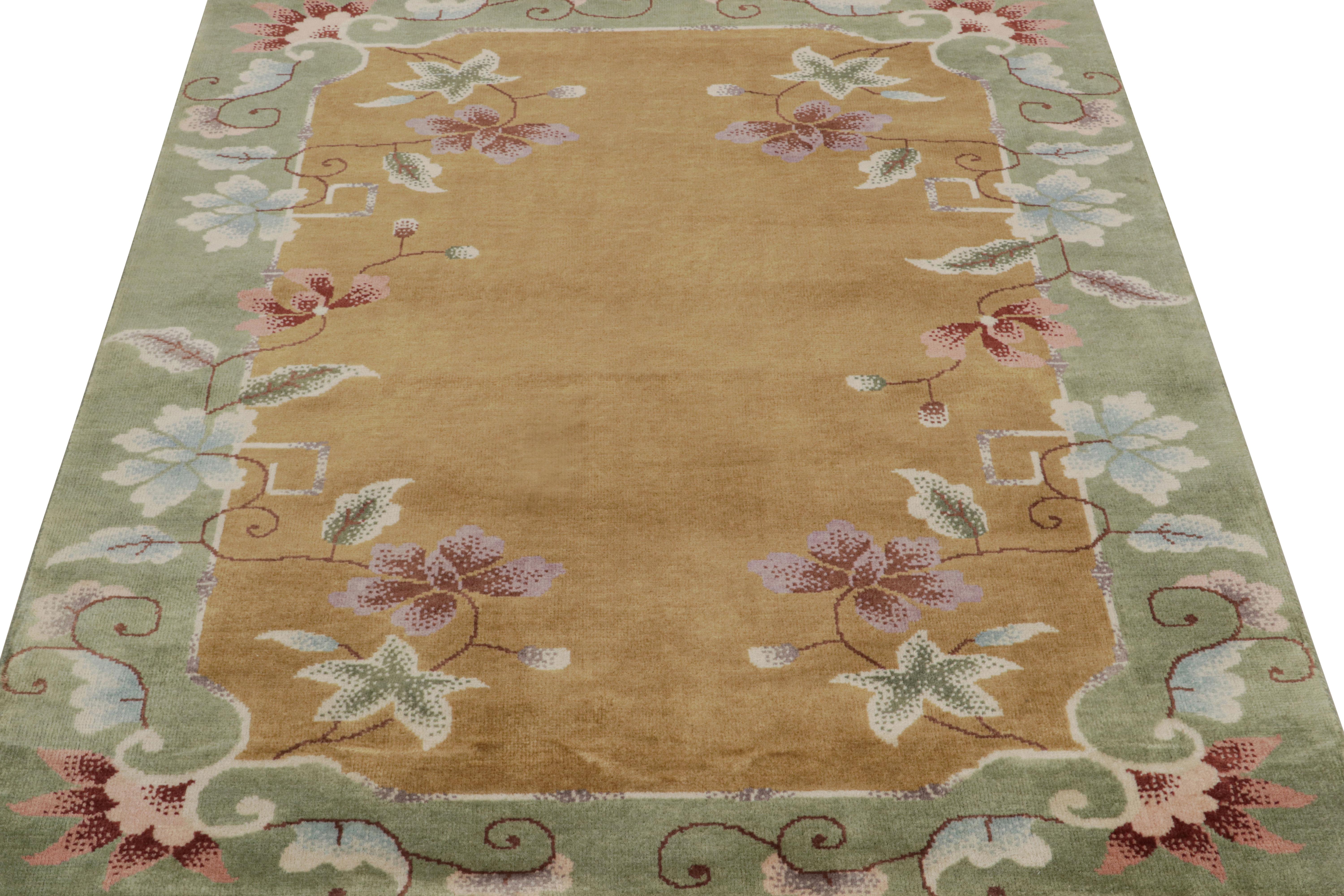 Indian Rug & Kilim’s Chinese Art Deco Style Rug in Gold with Floral Pattern For Sale