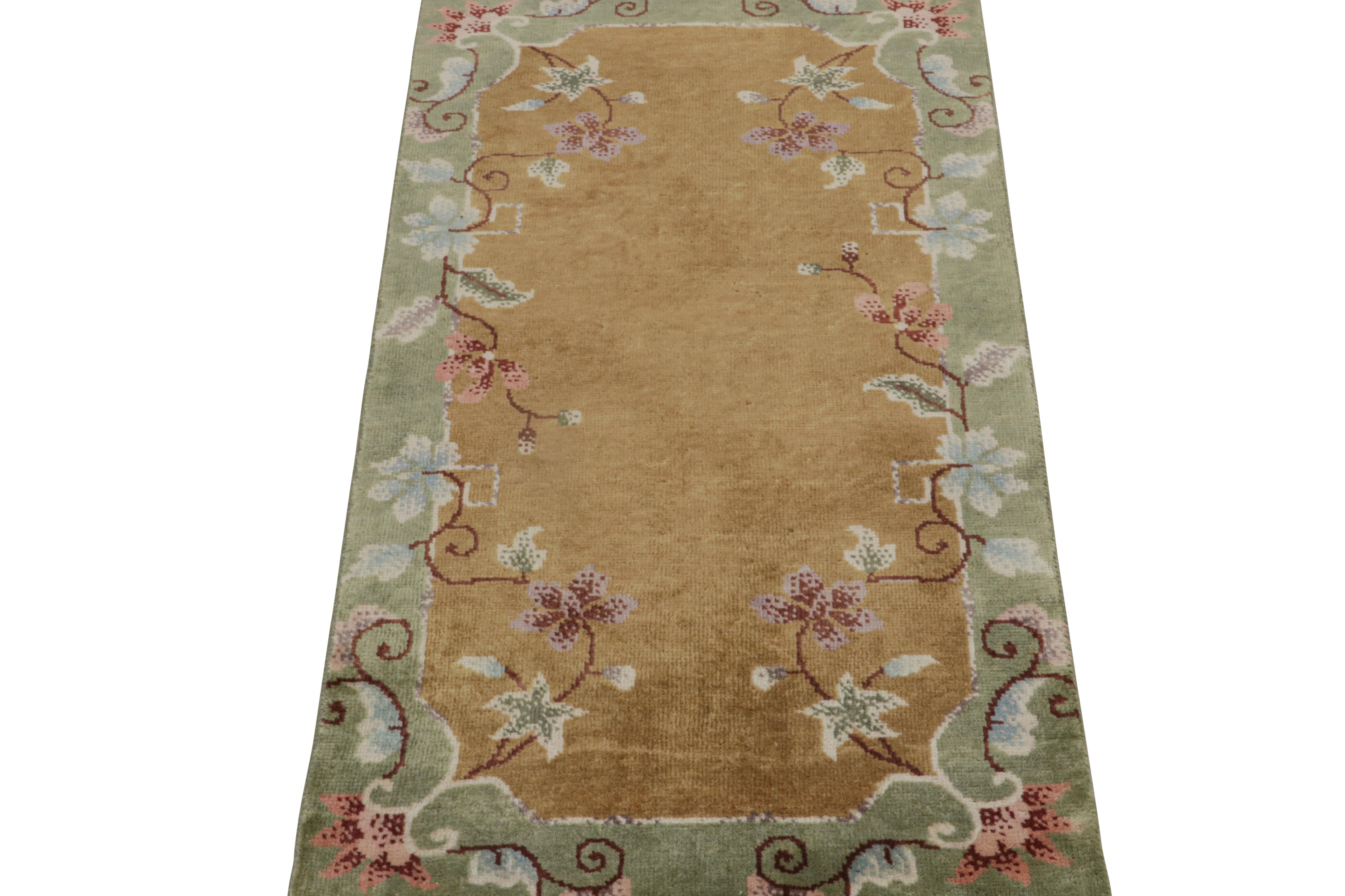 Indian Rug & Kilim’s Chinese Art Deco Style Rug in Gold with Floral Pattern For Sale