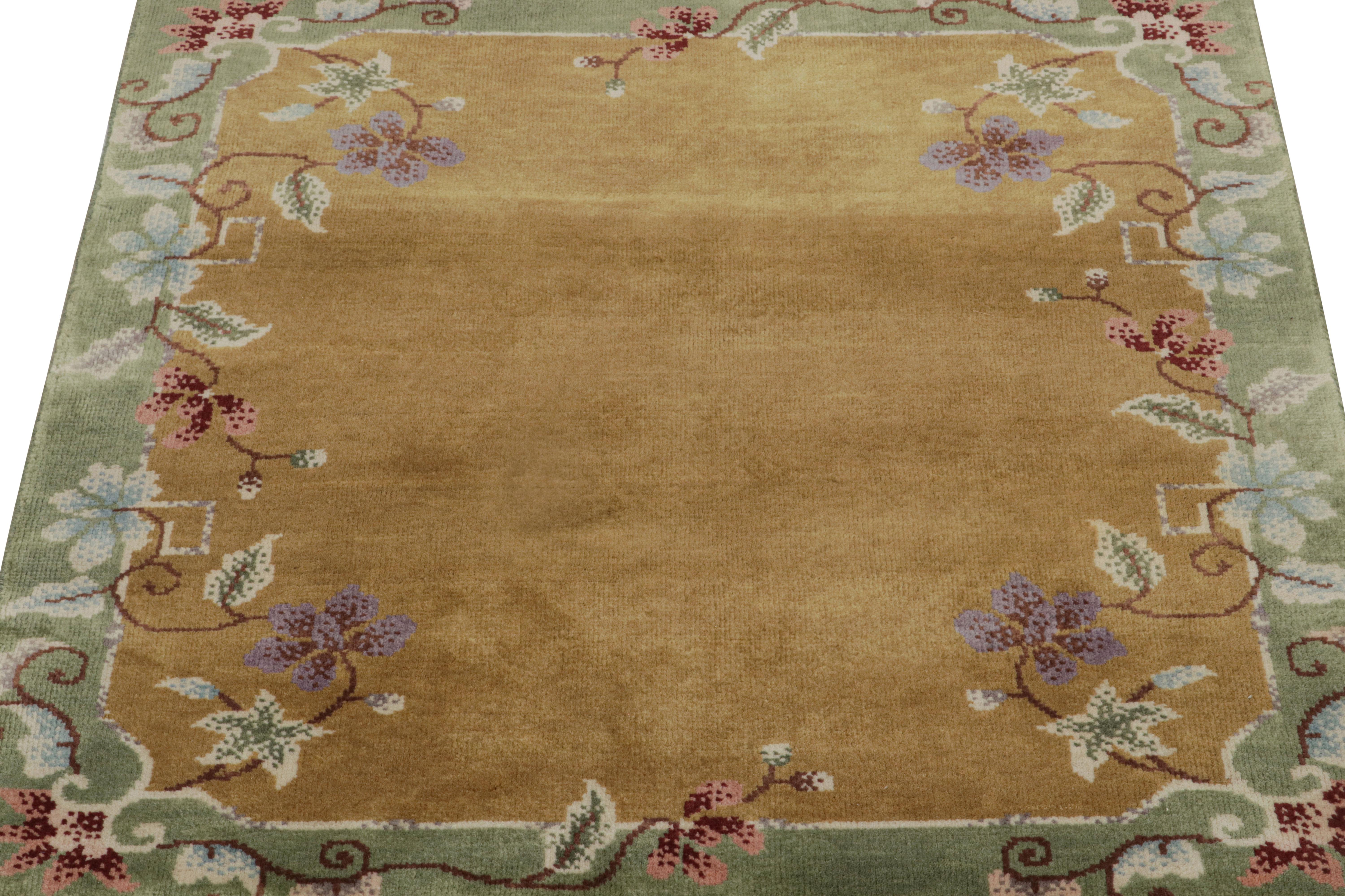 Indian Rug & Kilim’s Chinese Art Deco Style Rug in Gold with Floral Pattern For Sale