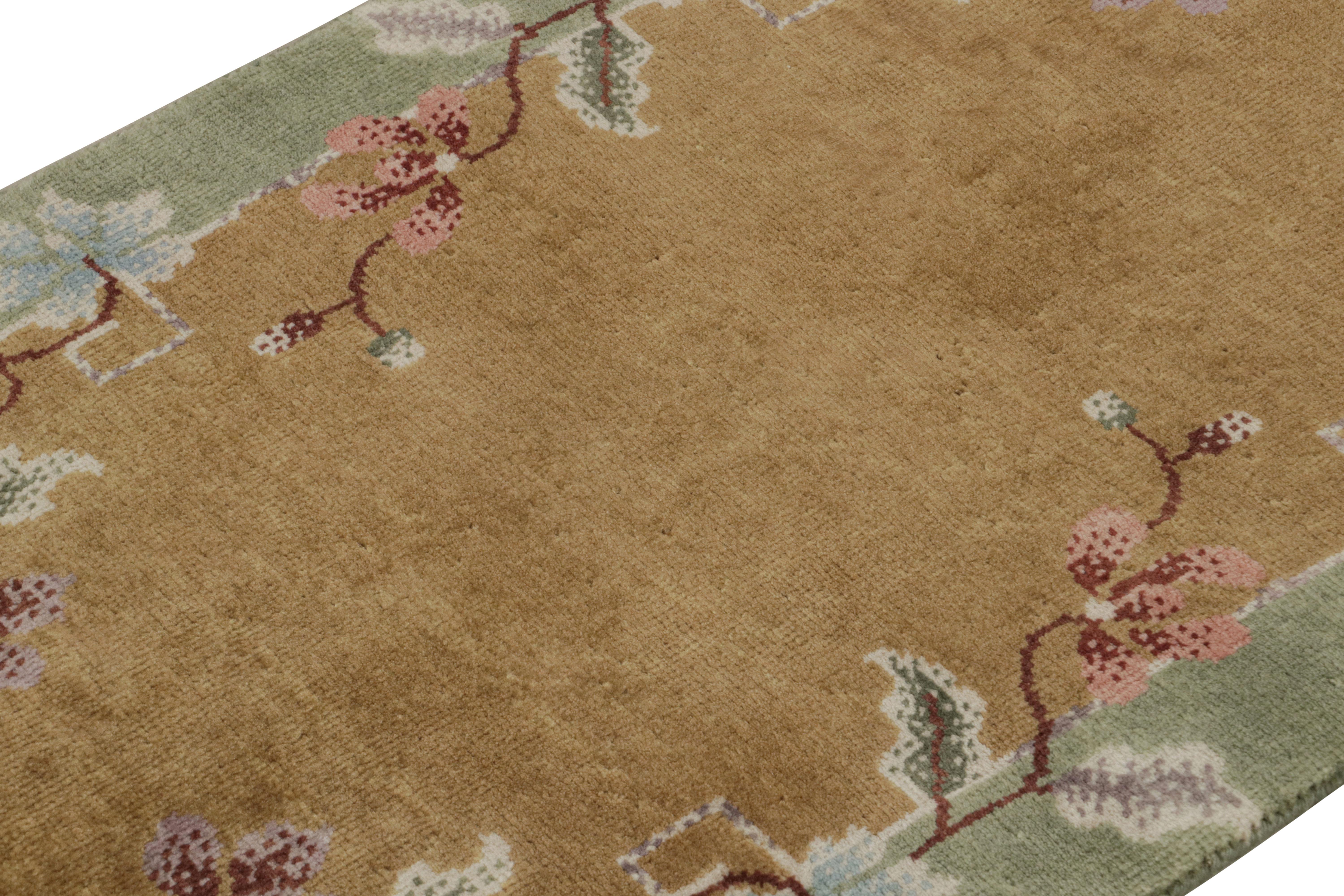 Hand-Knotted Rug & Kilim’s Chinese Art Deco Style Rug in Gold with Floral Pattern For Sale