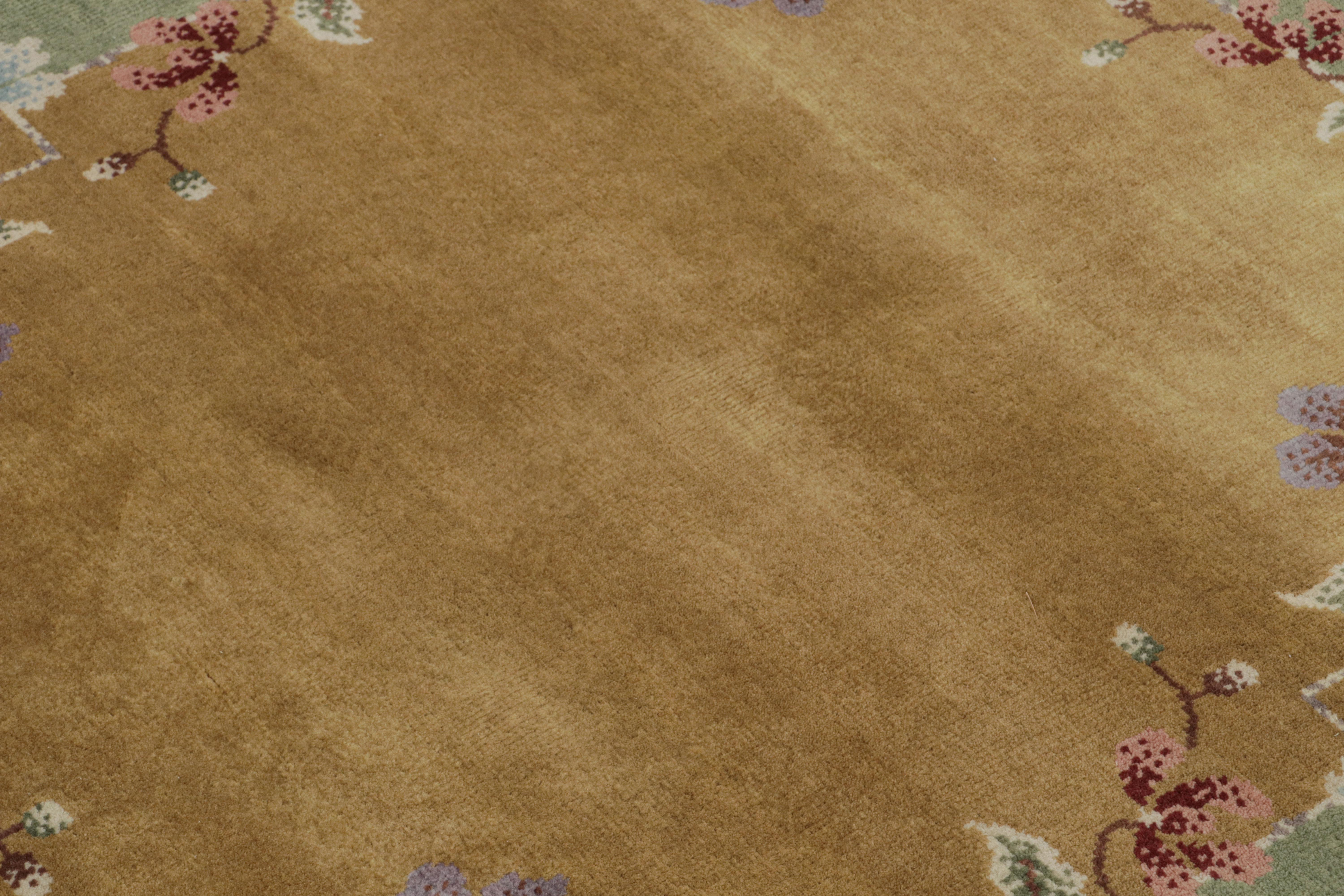 Hand-Knotted Rug & Kilim’s Chinese Art Deco Style Rug in Gold with Floral Pattern For Sale