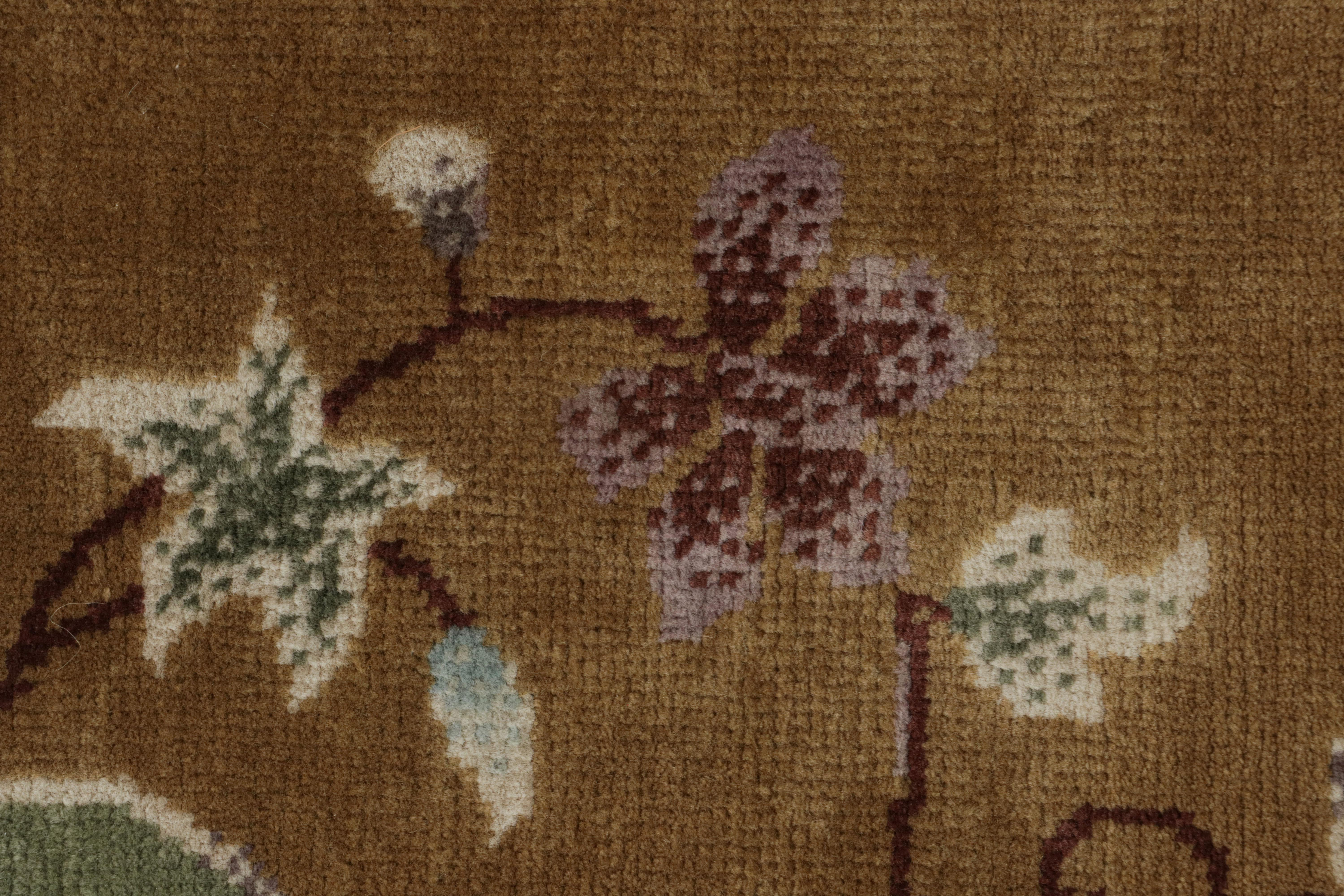 Contemporary Rug & Kilim’s Chinese Art Deco Style Rug in Gold with Floral Pattern For Sale