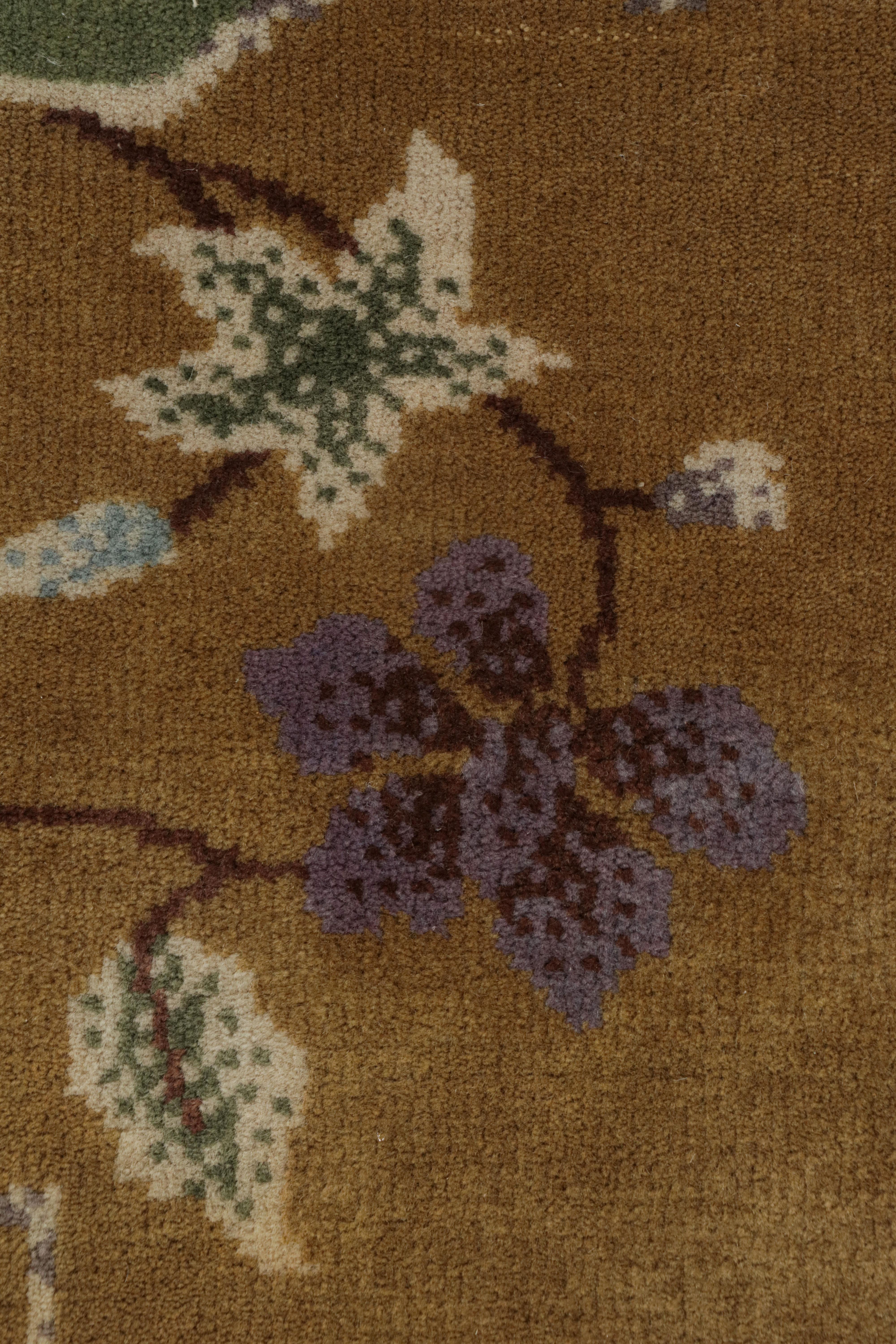 Contemporary Rug & Kilim’s Chinese Art Deco Style Rug in Gold with Floral Pattern For Sale
