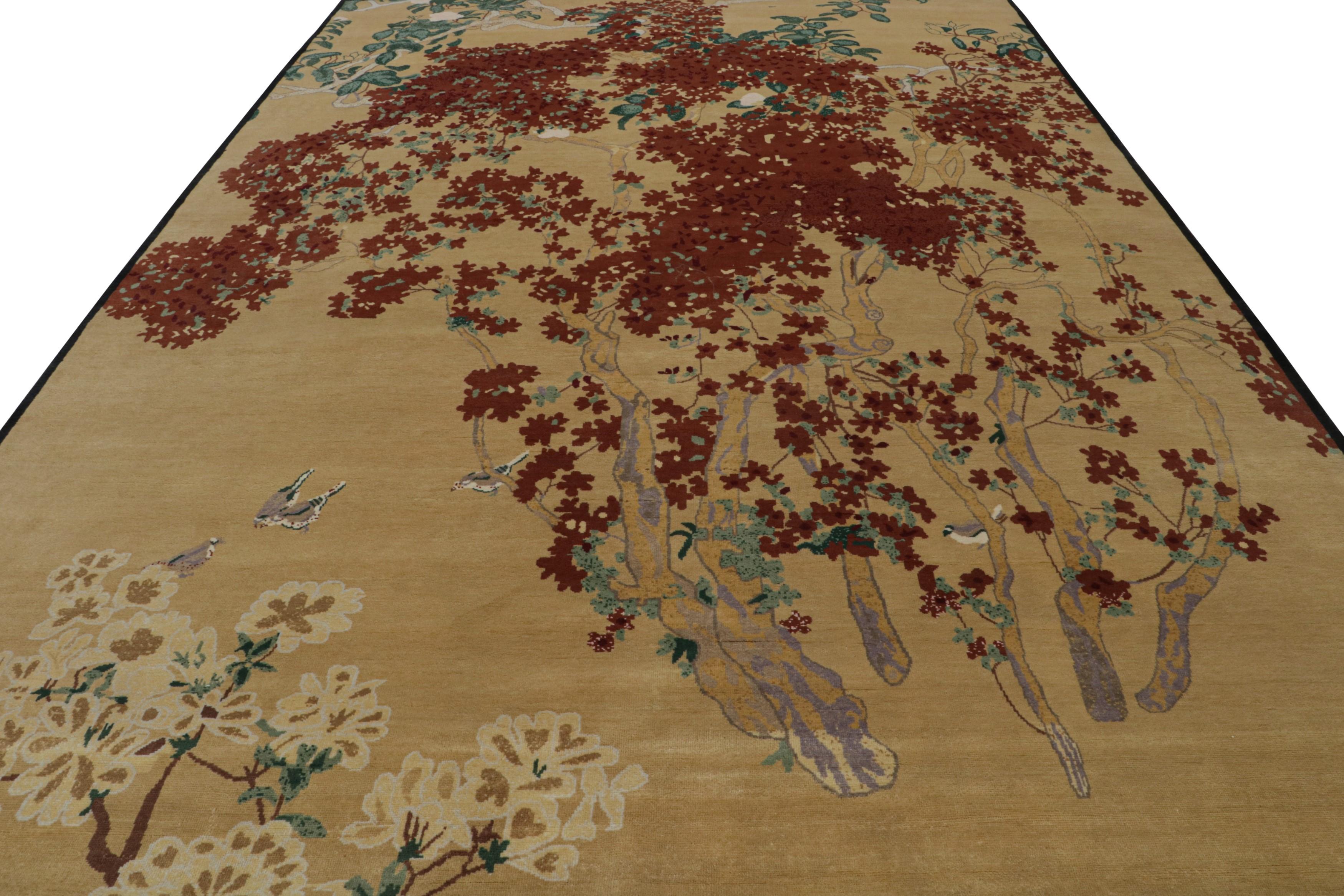 Indian Rug & Kilim’s Chinese Art Deco Style Rug in Gold with Floral Patterns For Sale