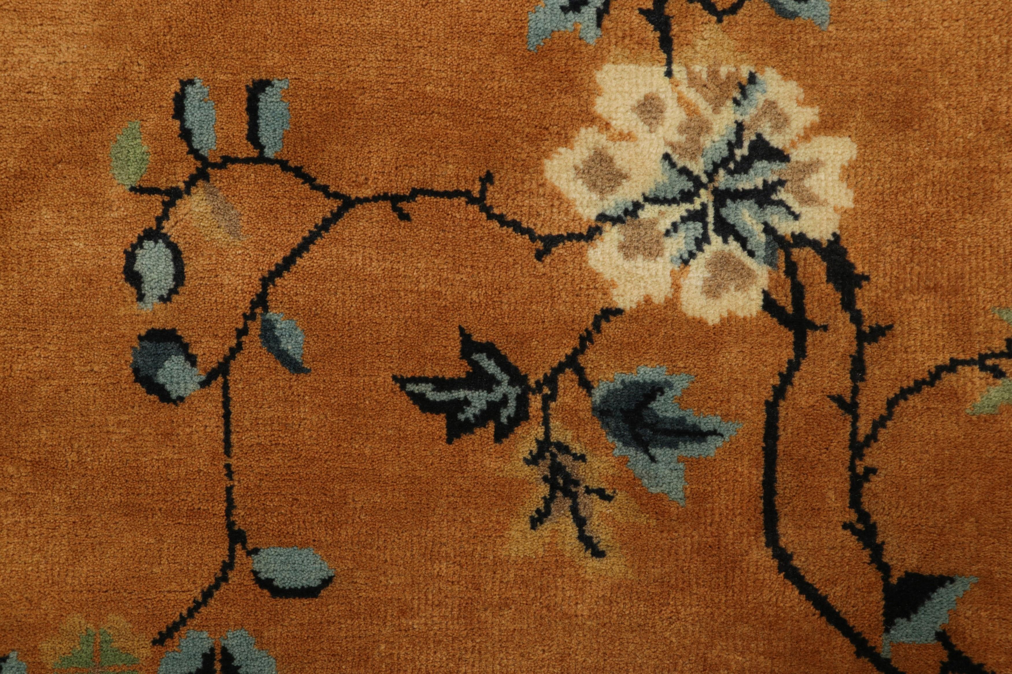 Indian Rug & Kilim’s Chinese Art Deco Style Rug in Gold with Floral Patterns For Sale