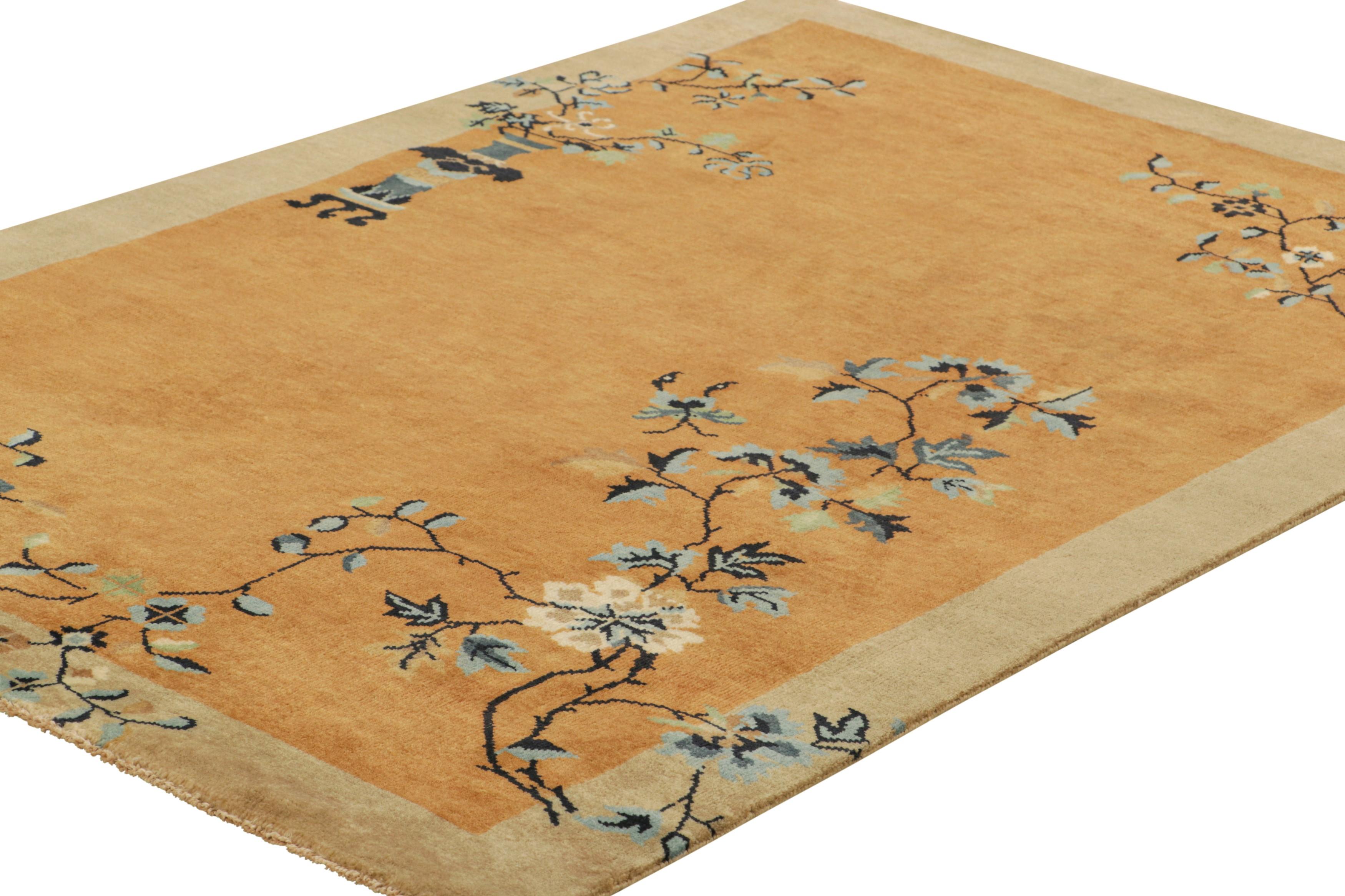 Hand-Knotted Rug & Kilim’s Chinese Art Deco Style Rug in Gold with Floral Patterns For Sale