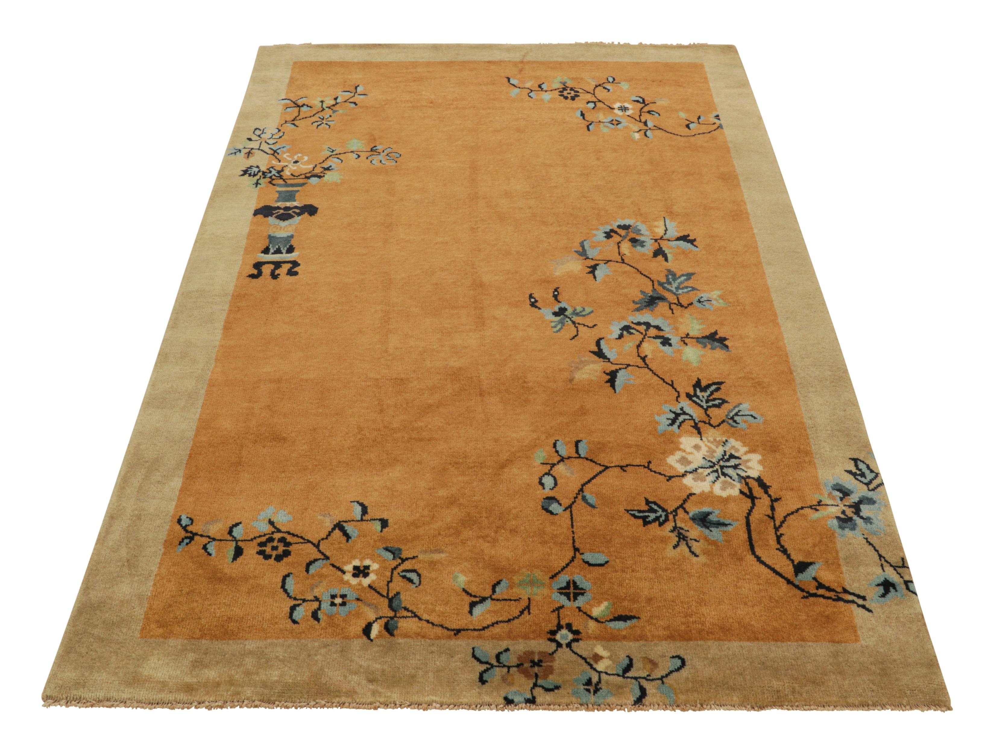 Rug & Kilim’s Chinese Art Deco Style Rug in Gold with Floral Patterns In New Condition For Sale In Long Island City, NY
