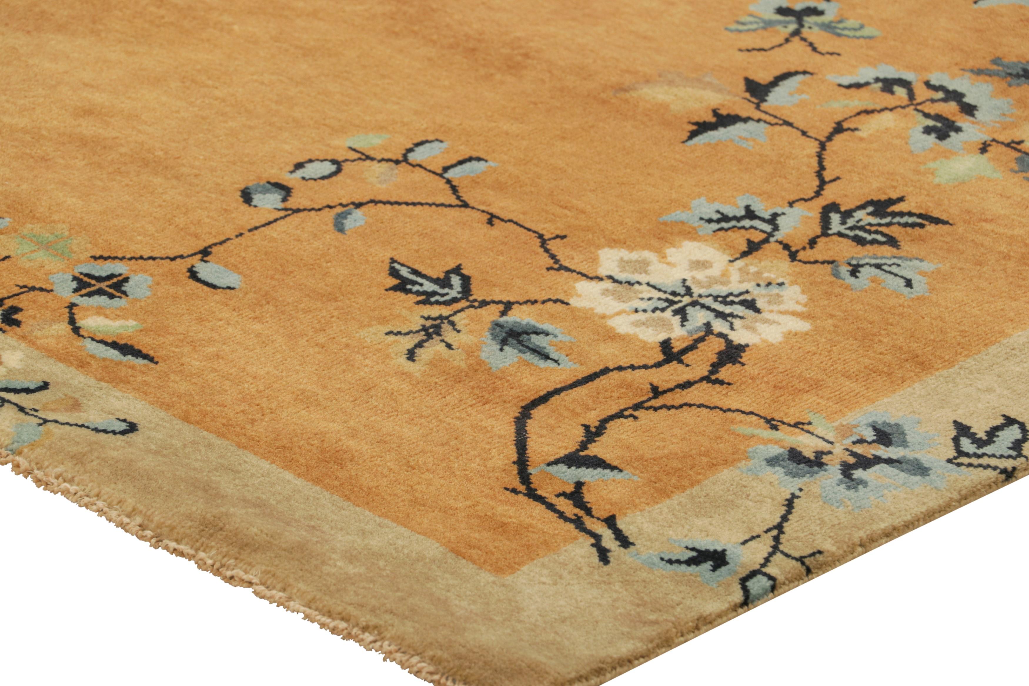 Contemporary Rug & Kilim’s Chinese Art Deco Style Rug in Gold with Floral Patterns For Sale