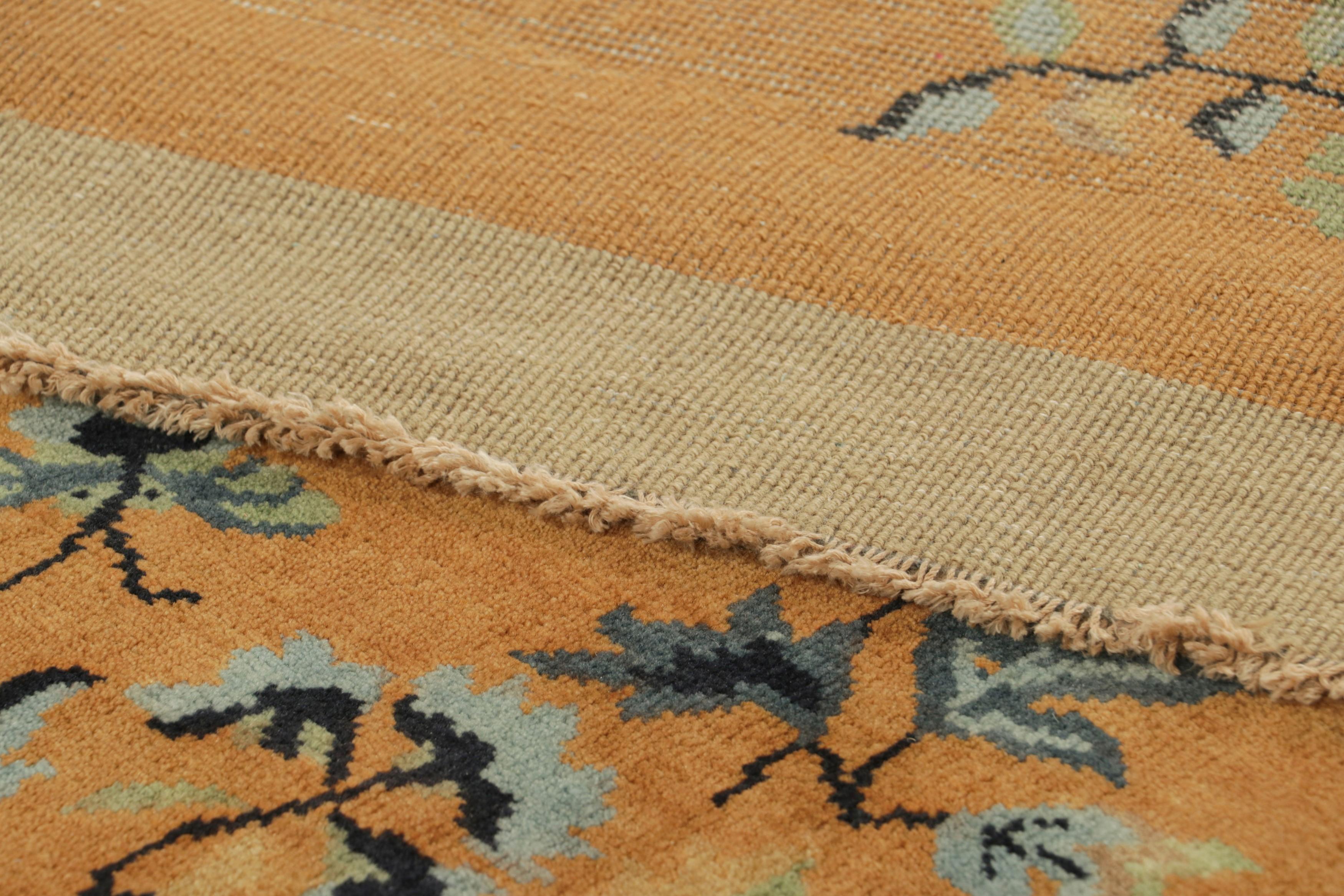Wool Rug & Kilim’s Chinese Art Deco Style Rug in Gold with Floral Patterns For Sale