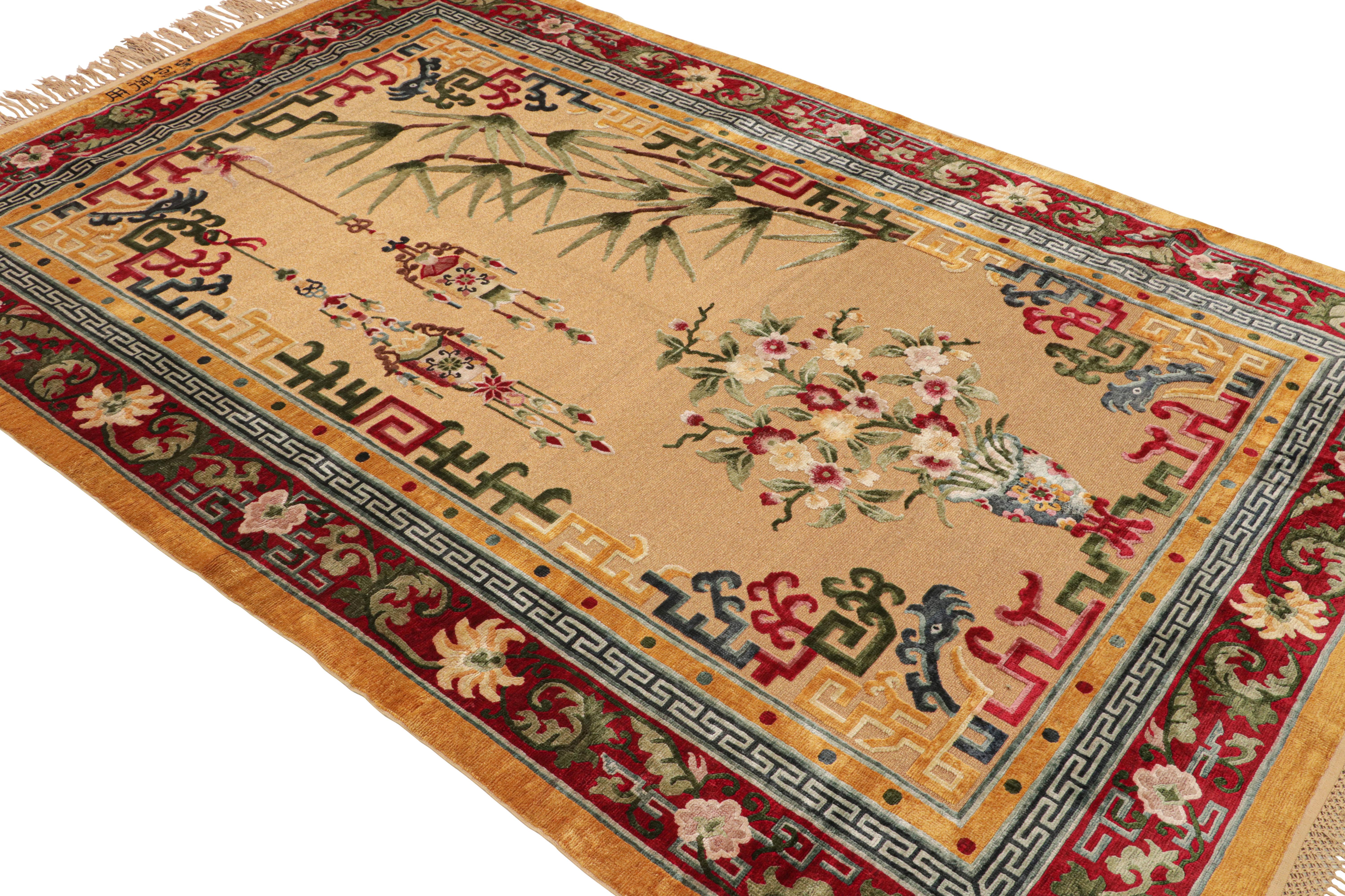 Hand-Knotted Rug & Kilim’s Chinese Art Deco Style Rug in Gold with Florals and Pictorials For Sale