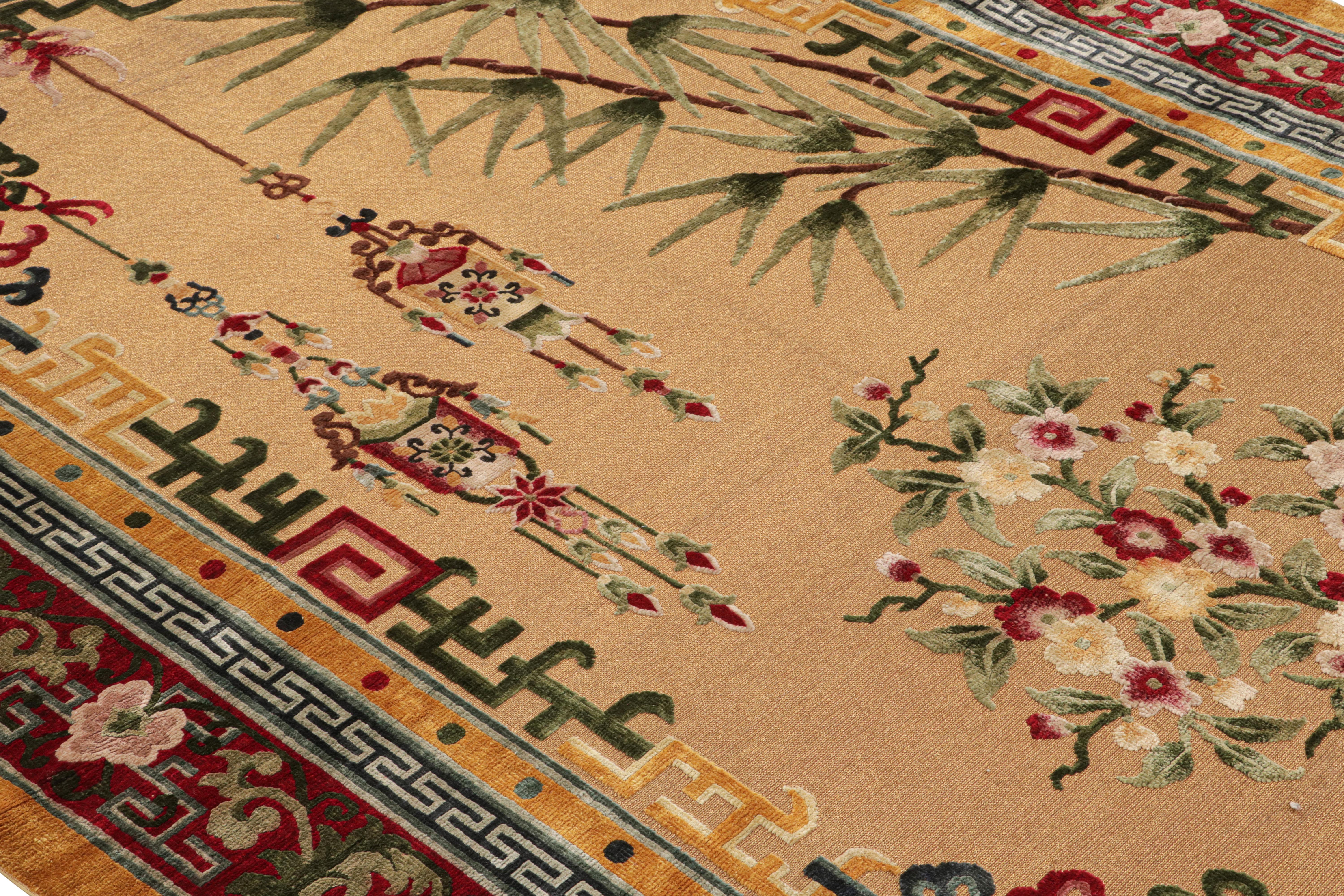 Annodato a mano con una nuova costruzione molto speciale che mescola lana e fili metallici, questo pezzo 6x9 è uno dei più lussuosi della nostra collezione e rappresenta una favolosa rivisitazione dello stile Chinoiserie.

Sul design: 

Il campo