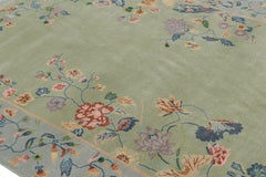 Rug & Kilim’s Chinese Art Deco Style Rug in Green and Blue with Floral Patterns
