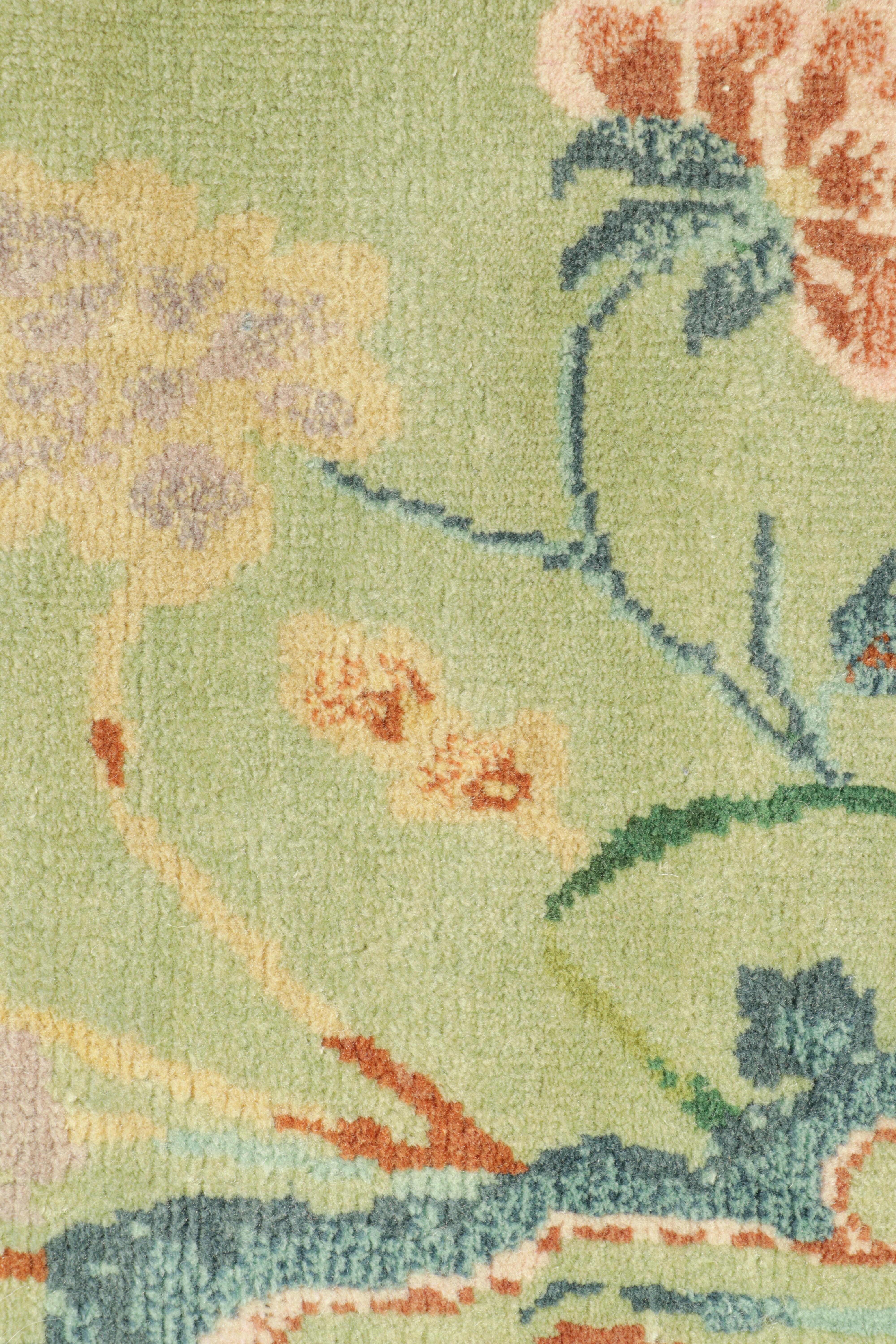 Indian Rug & Kilim’s Chinese Art Deco Style Rug in Green and Blue with Floral Patterns For Sale
