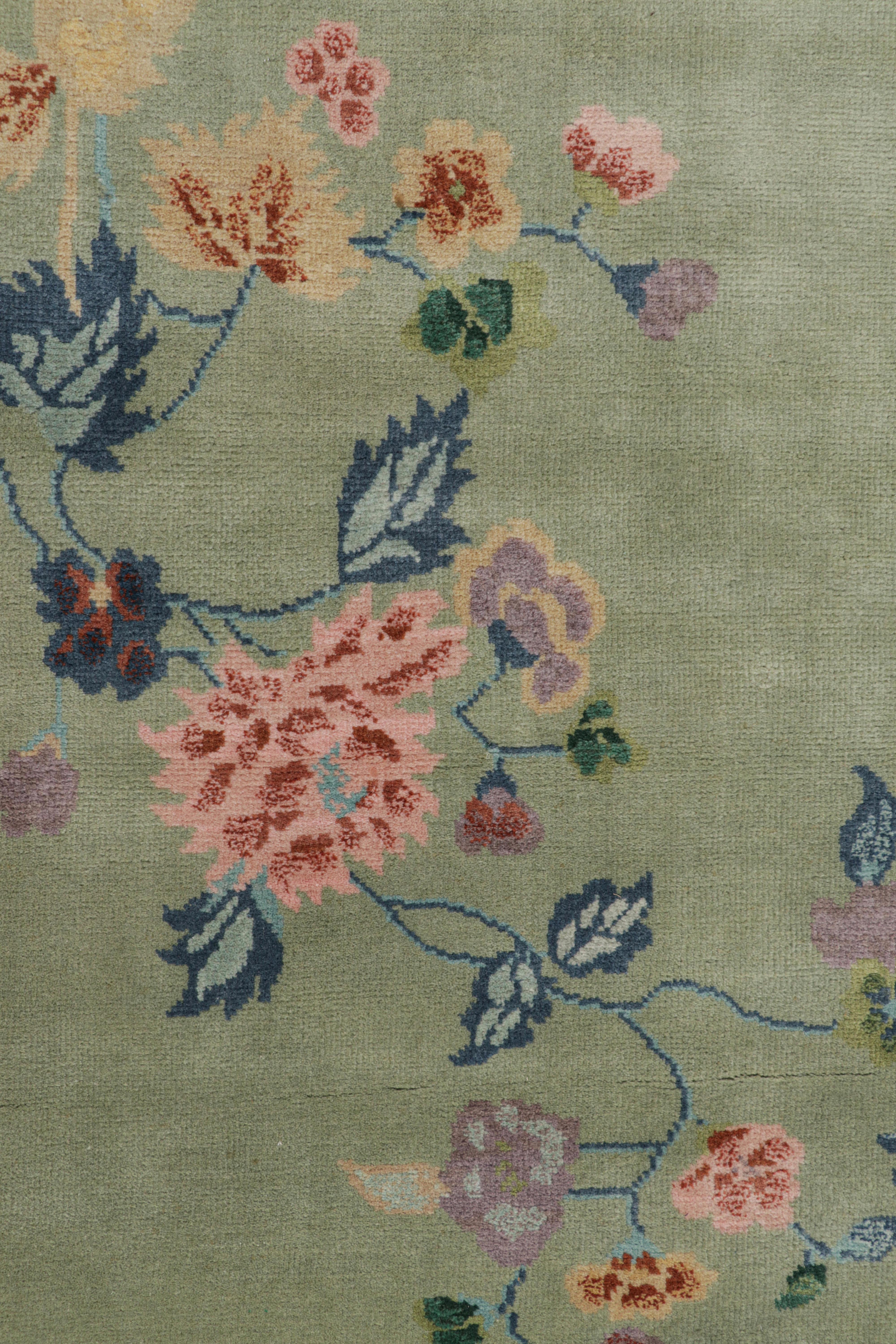 Modern Rug & Kilim’s Chinese Art Deco Style Rug in Green and Blue with Floral Patterns For Sale