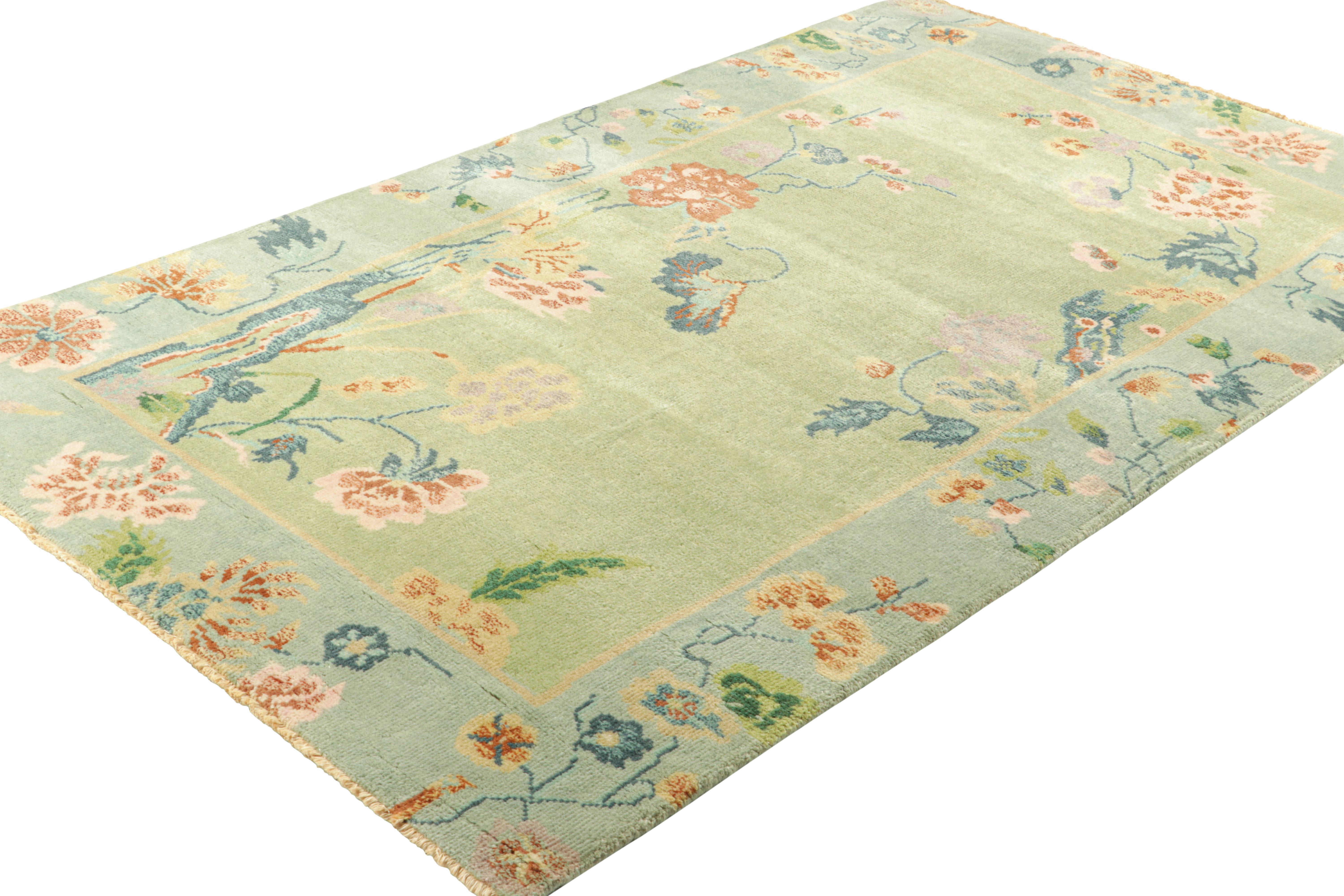 Hand-Knotted Rug & Kilim’s Chinese Art Deco Style Rug in Green and Blue with Floral Patterns For Sale