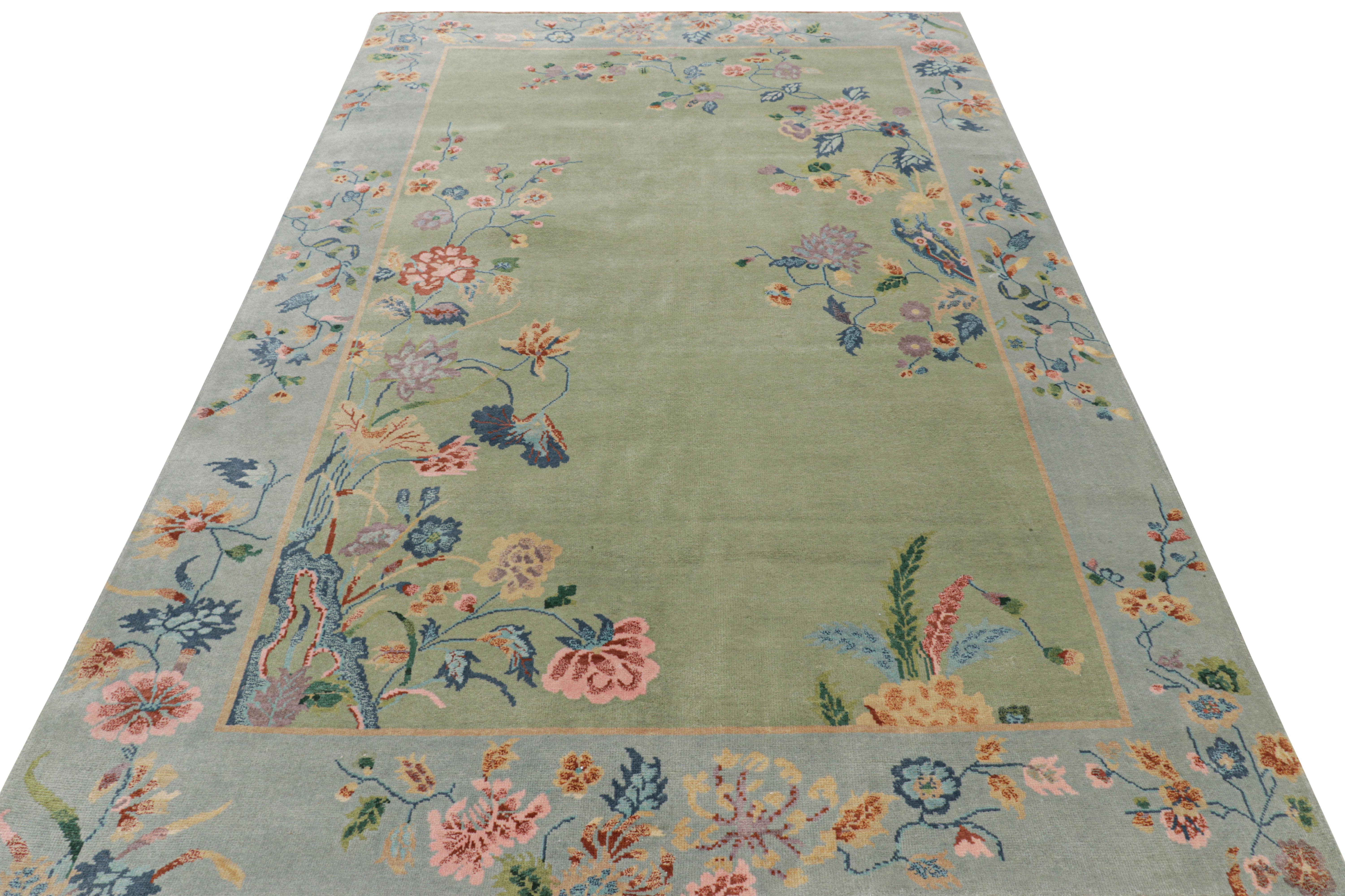 Indian Rug & Kilim’s Chinese Art Deco Style Rug in Green and Blue with Floral Patterns For Sale