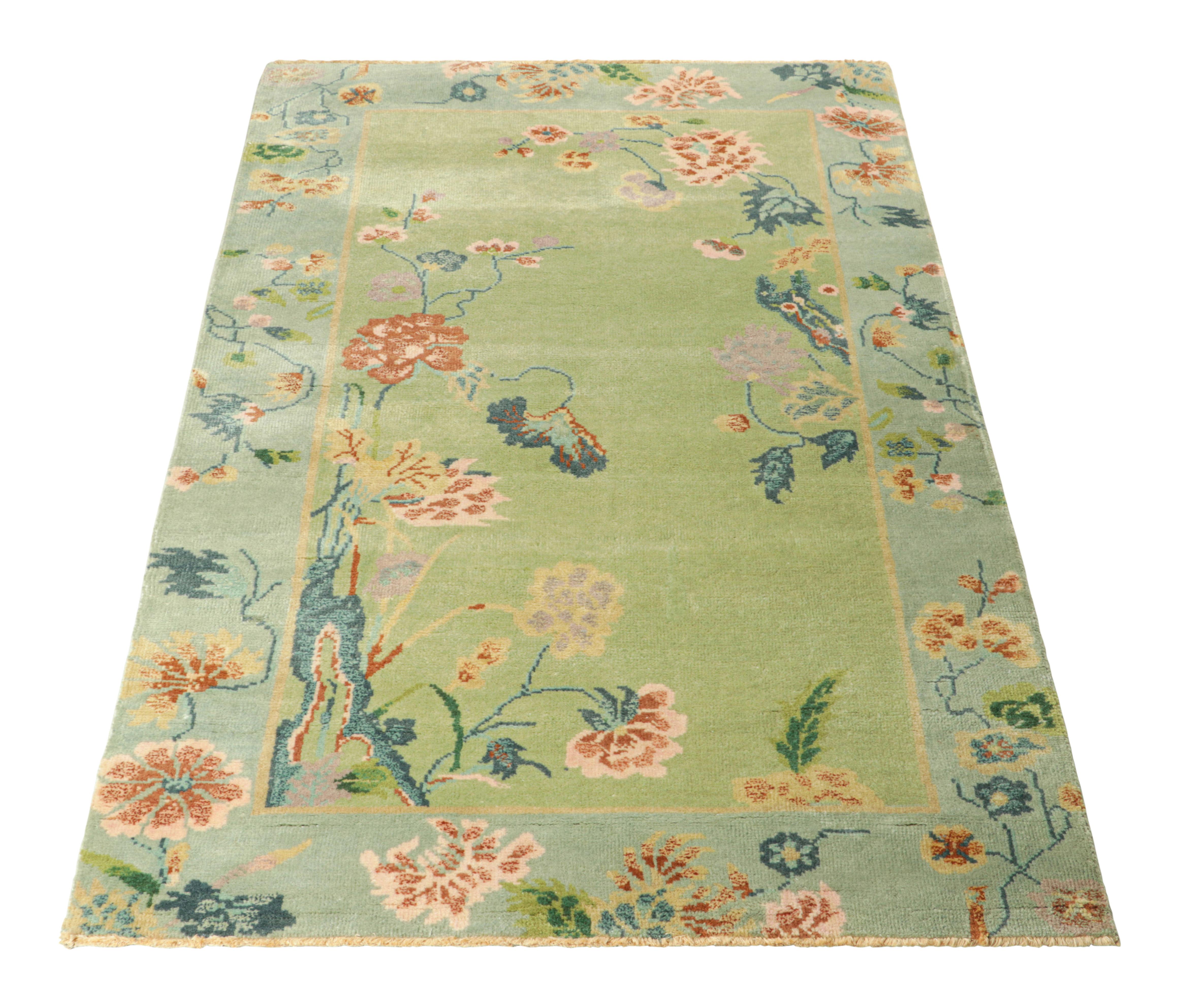 Rug & Kilim’s Chinese Art Deco Style Rug in Green and Blue with Floral Patterns In New Condition For Sale In Long Island City, NY