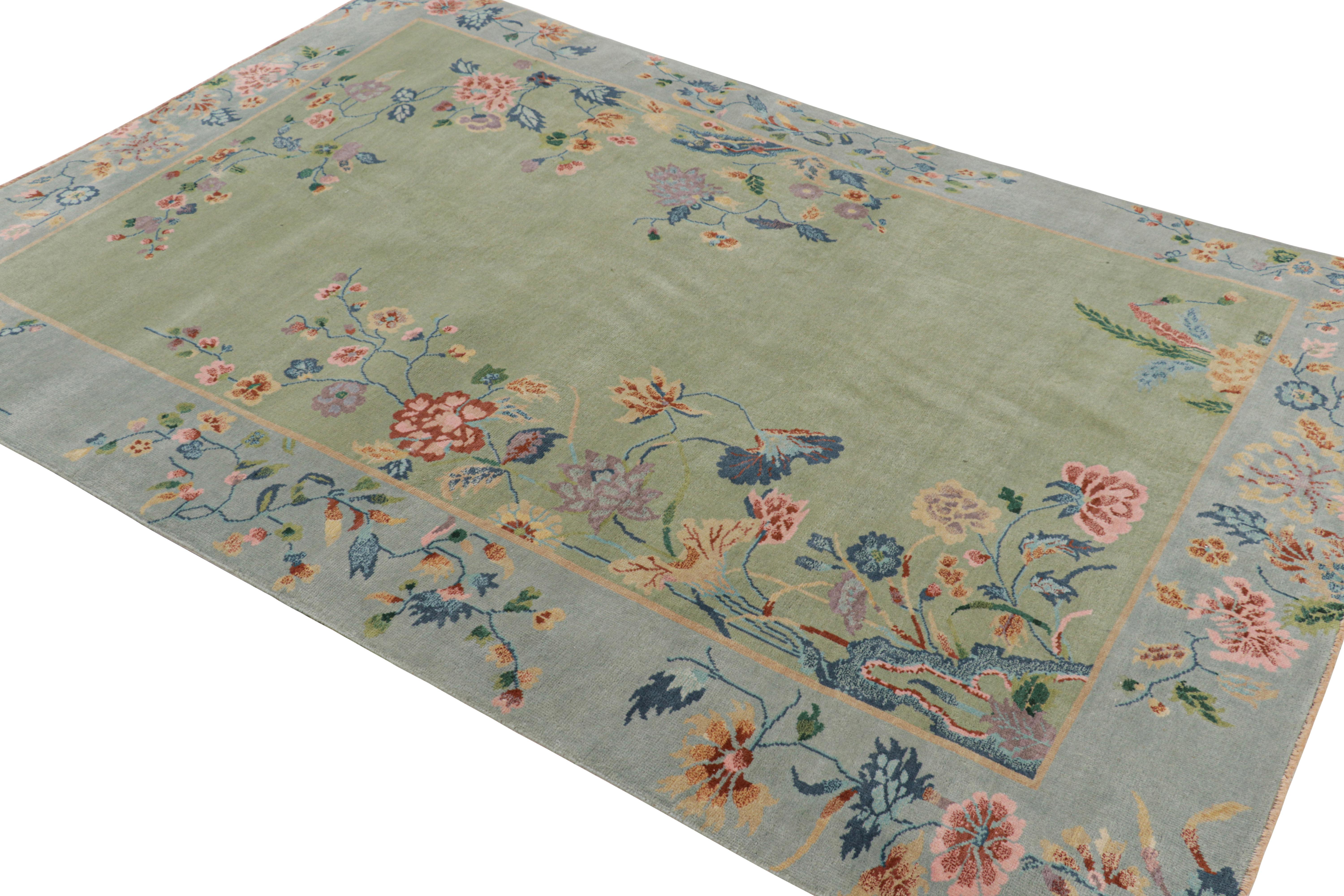 Hand-Knotted Rug & Kilim’s Chinese Art Deco Style Rug in Green and Blue with Floral Patterns For Sale