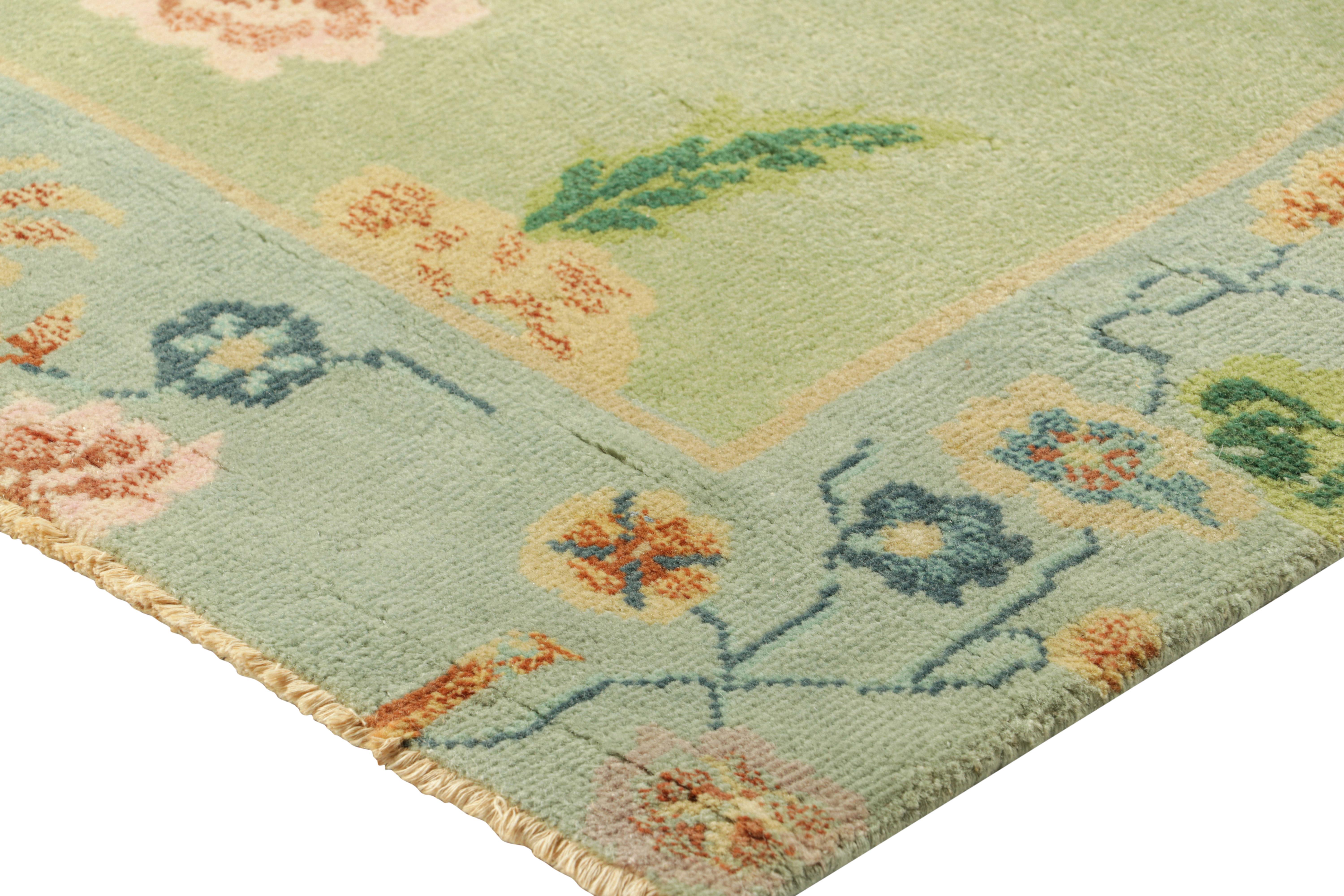 Contemporary Rug & Kilim’s Chinese Art Deco Style Rug in Green and Blue with Floral Patterns For Sale