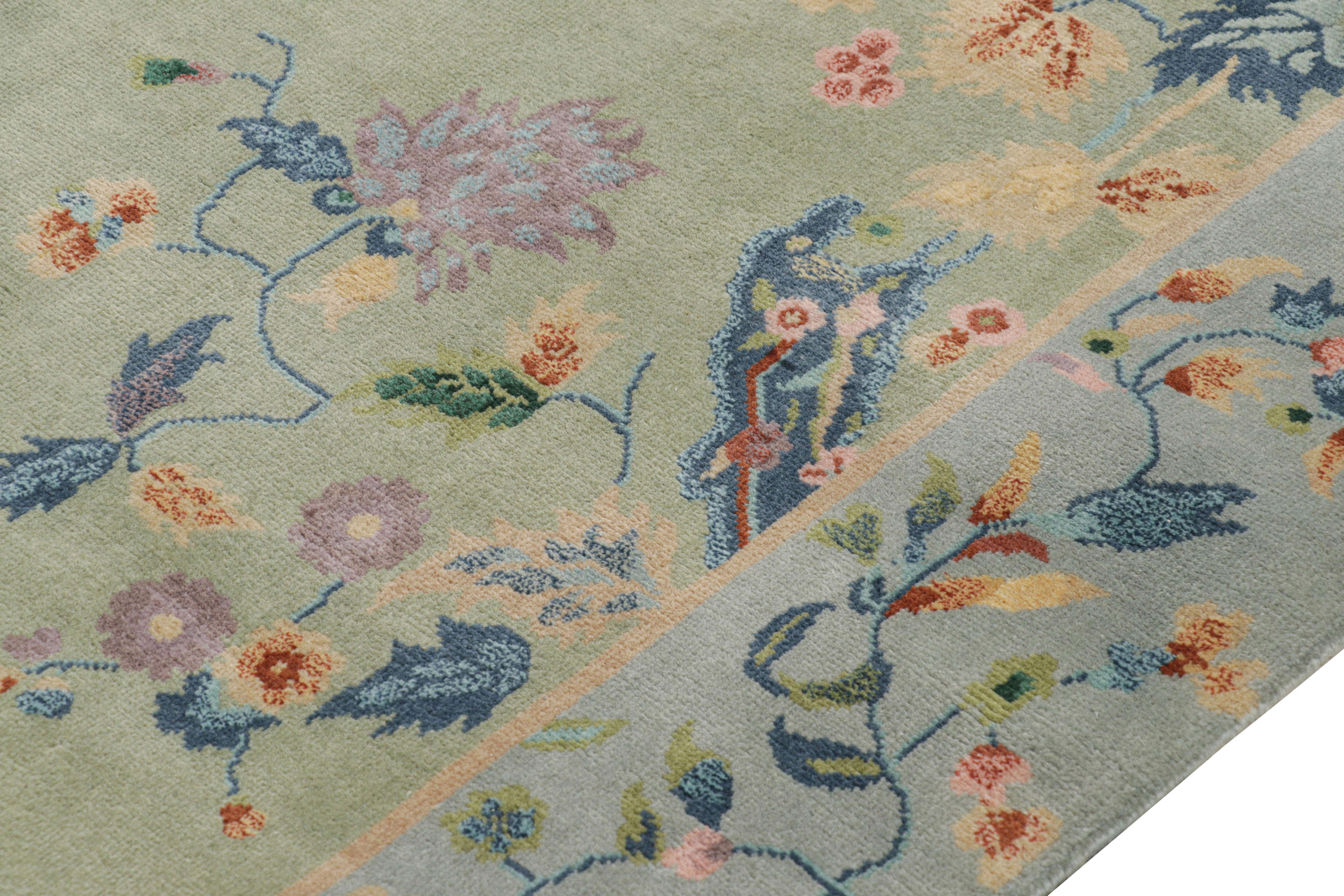Rug & Kilim’s Chinese Art Deco Style Rug in Green and Blue with Floral Patterns In New Condition For Sale In Long Island City, NY