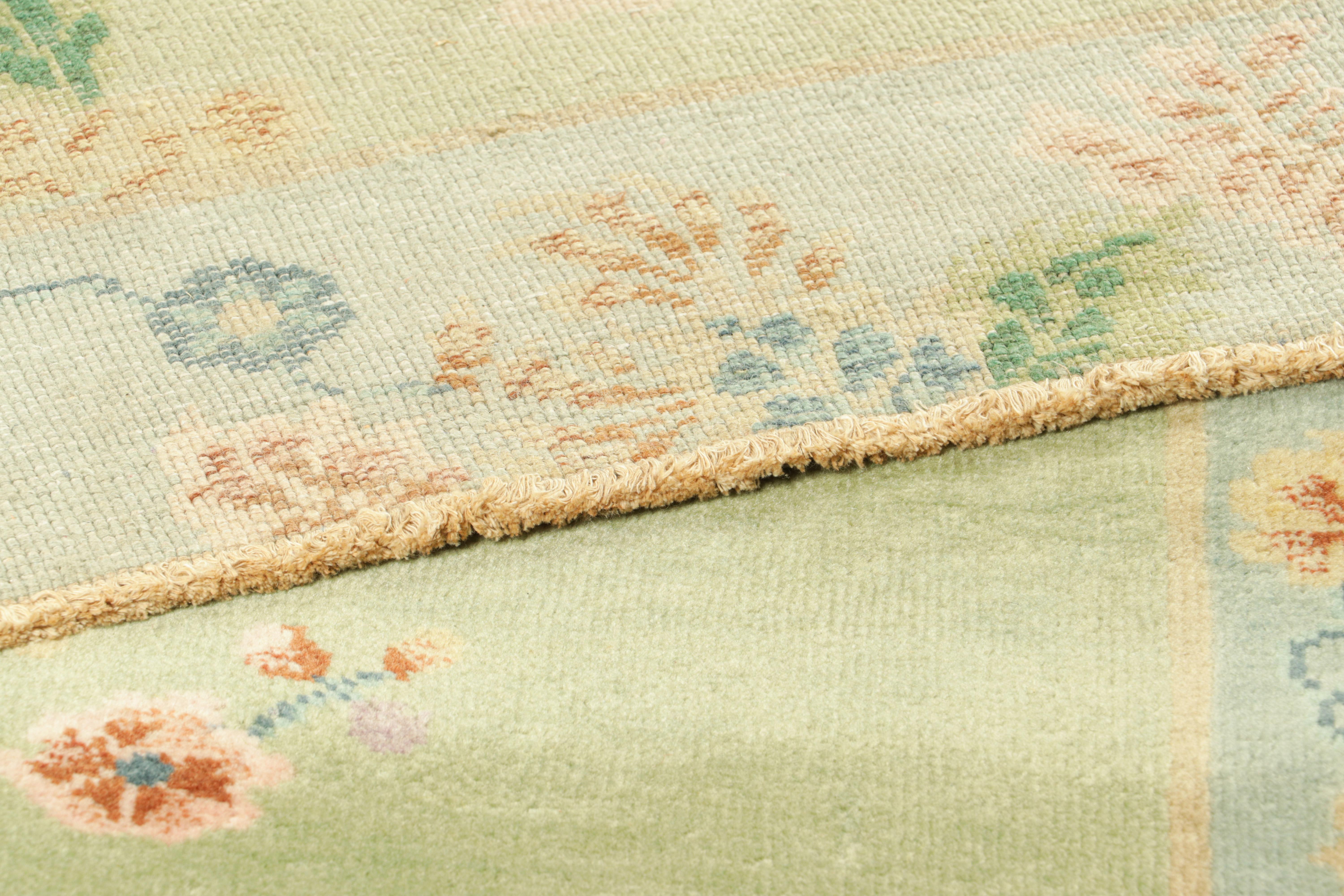 Wool Rug & Kilim’s Chinese Art Deco Style Rug in Green and Blue with Floral Patterns For Sale