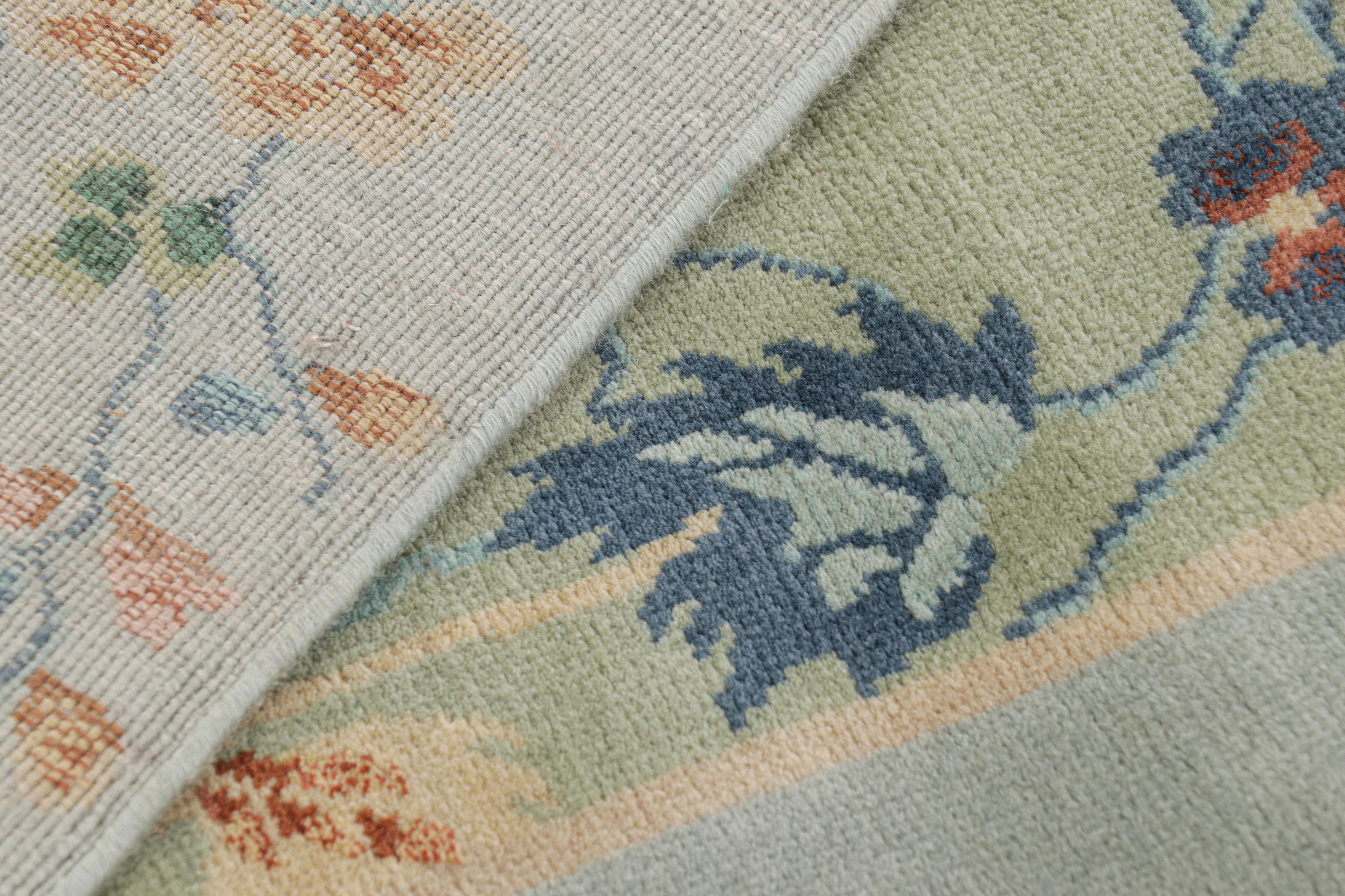 Contemporary Rug & Kilim’s Chinese Art Deco Style Rug in Green and Blue with Floral Patterns For Sale