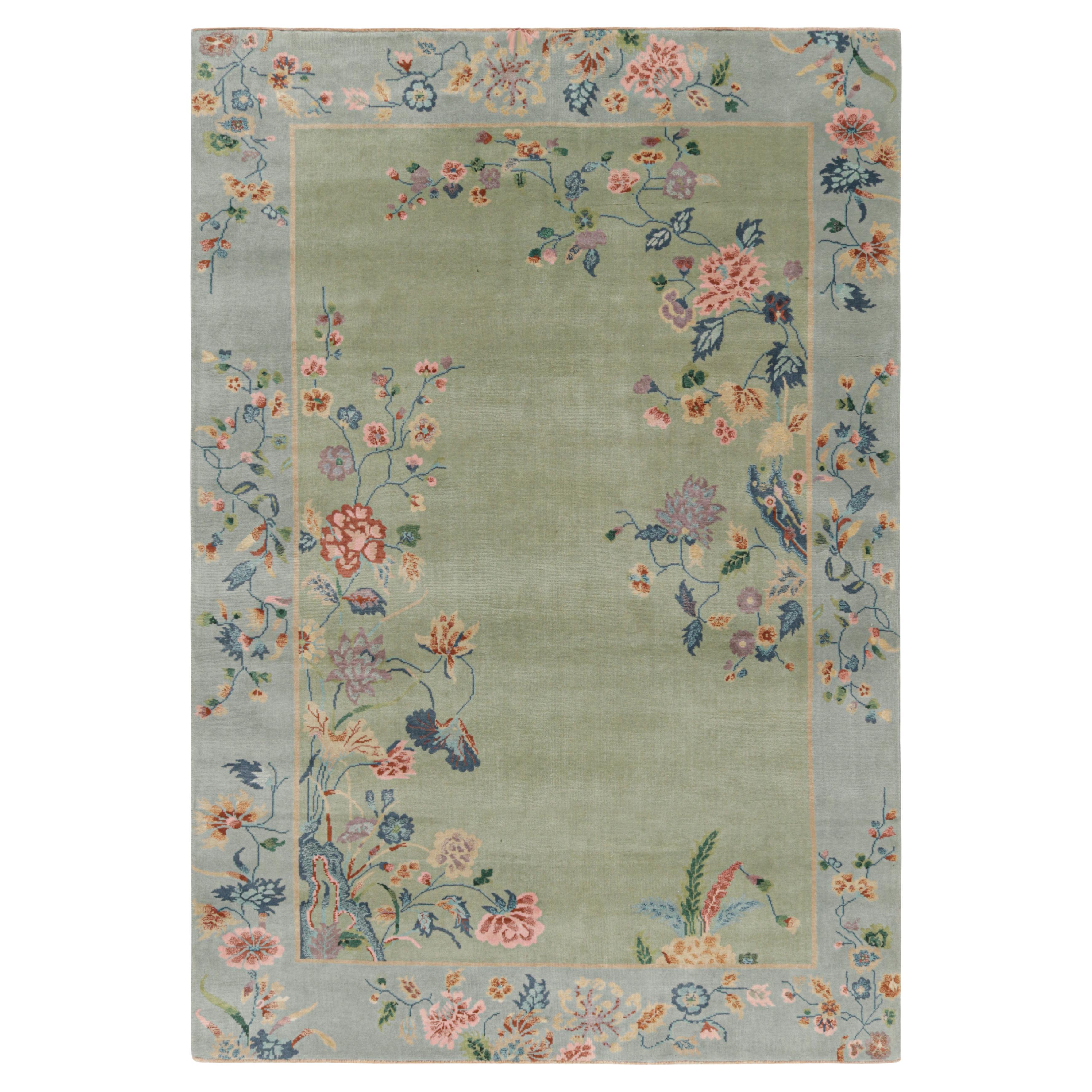 Rug & Kilim’s Chinese Art Deco Style Rug in Green and Blue with Floral Patterns For Sale