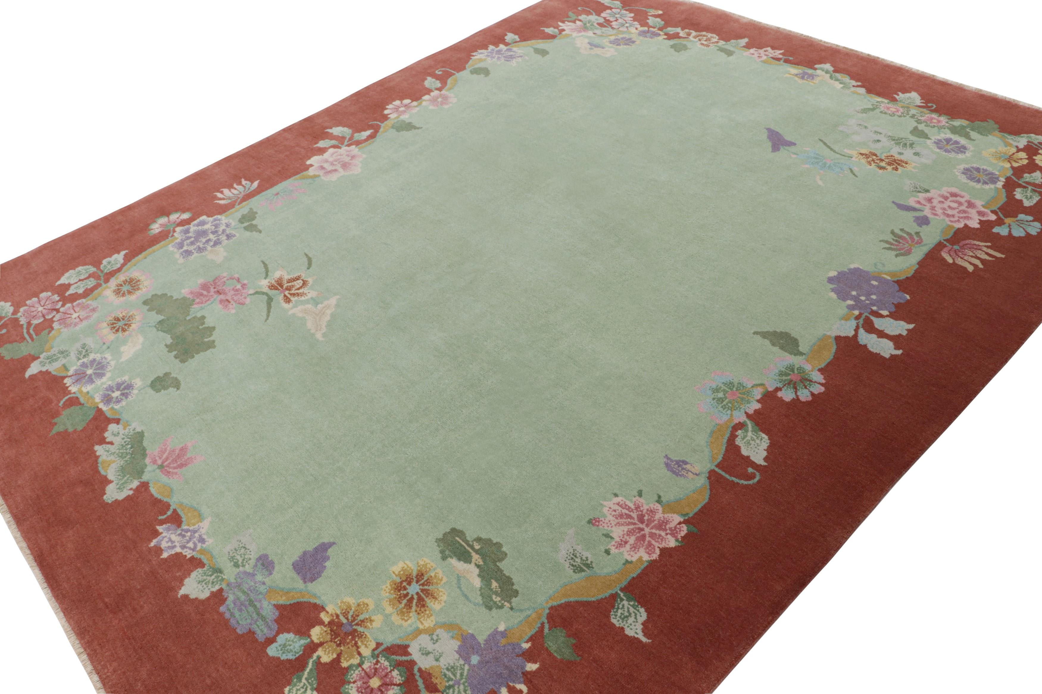 Hand knotted in wool, an 8x10 Chinese art deco style rug inspired by rare period pieces of the 1920s Nichols style. 

On the Design: 

The design boasts a bold open field from this period. The field & the surrounding floral patterns enjoy a play of